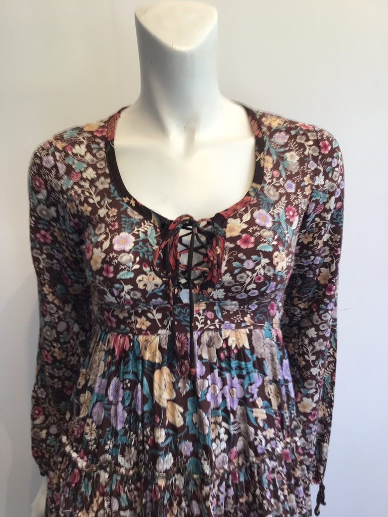 1970s Brown Floral Cotton Dress Size 4