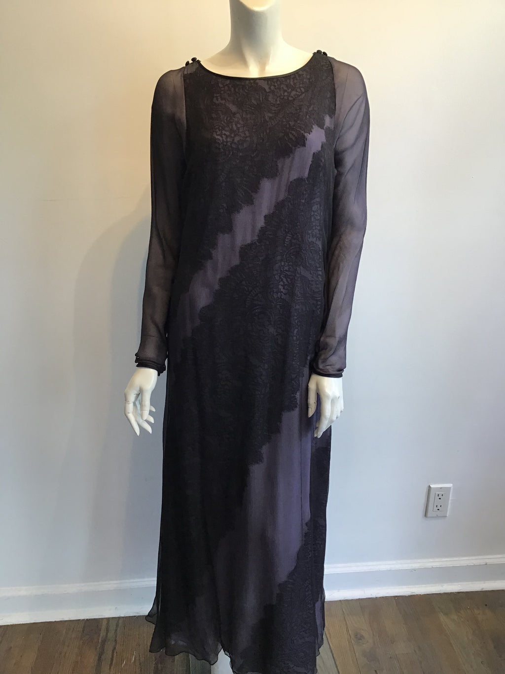 1990's  Bob Mackie Black and Lavender Silk Chiffon Dress with lace Size 10