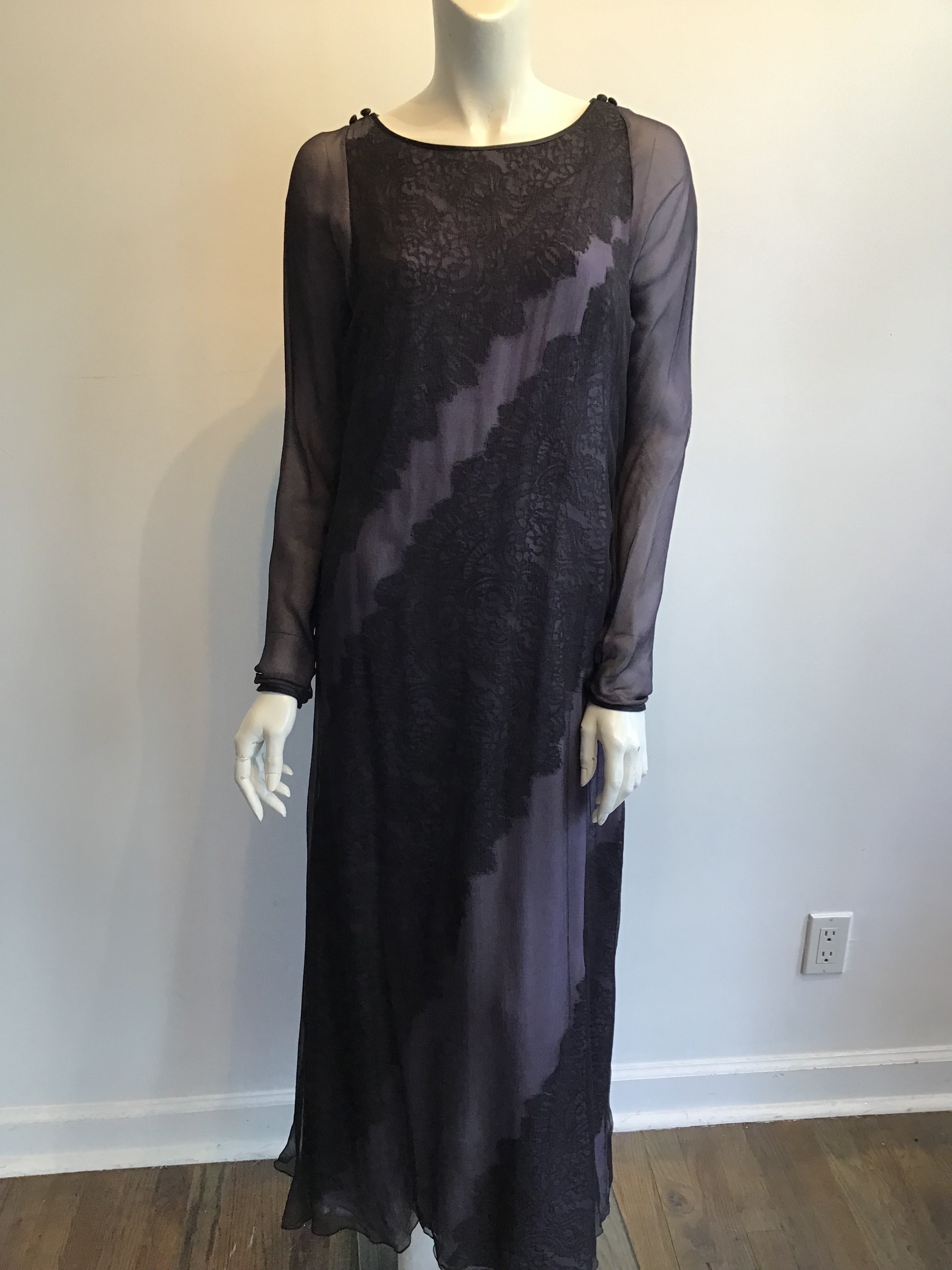 1990's  Bob Mackie Black and Lavender Silk Chiffon Dress with lace Size 10