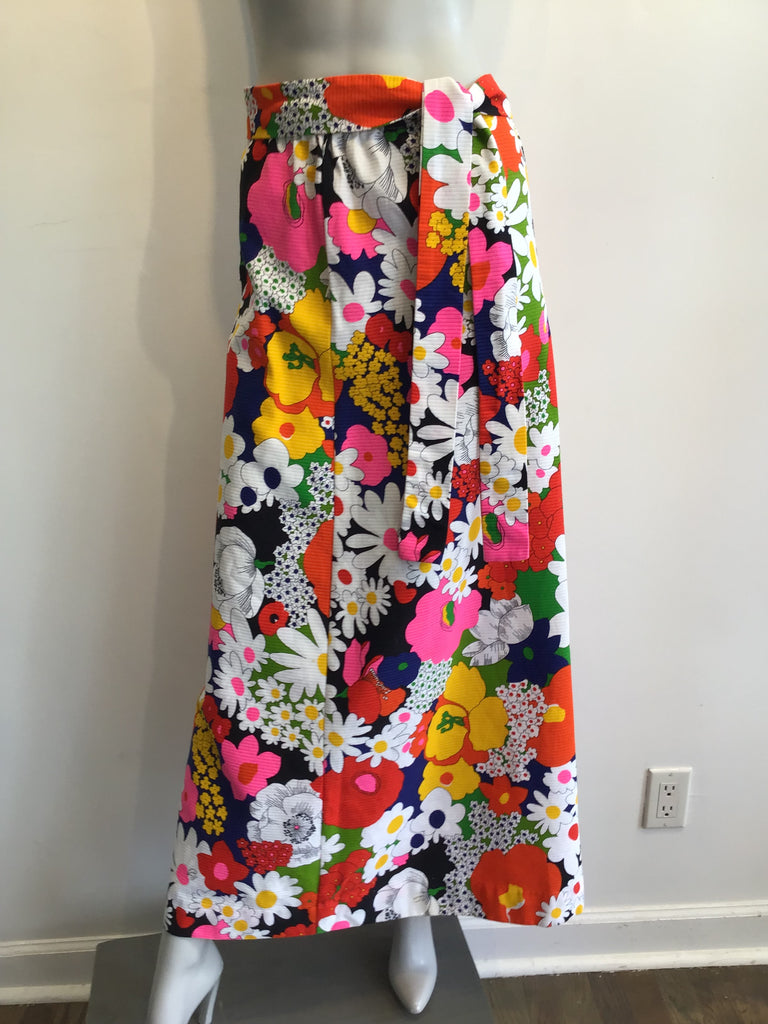 1970s Multicolor Floral Cotton Maxi Skirt Size 12