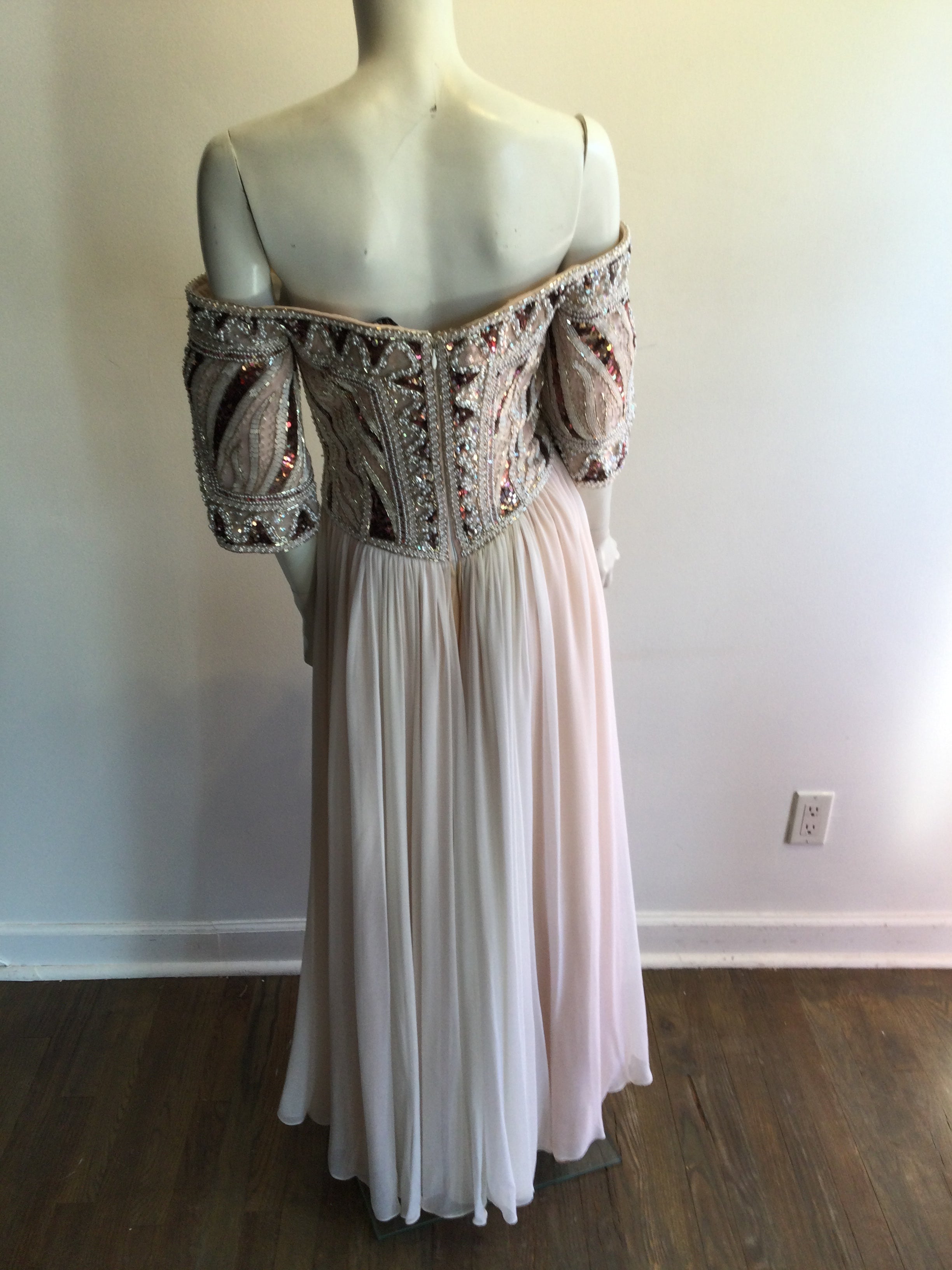 1980’s Bob Mackie Blush Chiffon Beaded Top Evening Gown