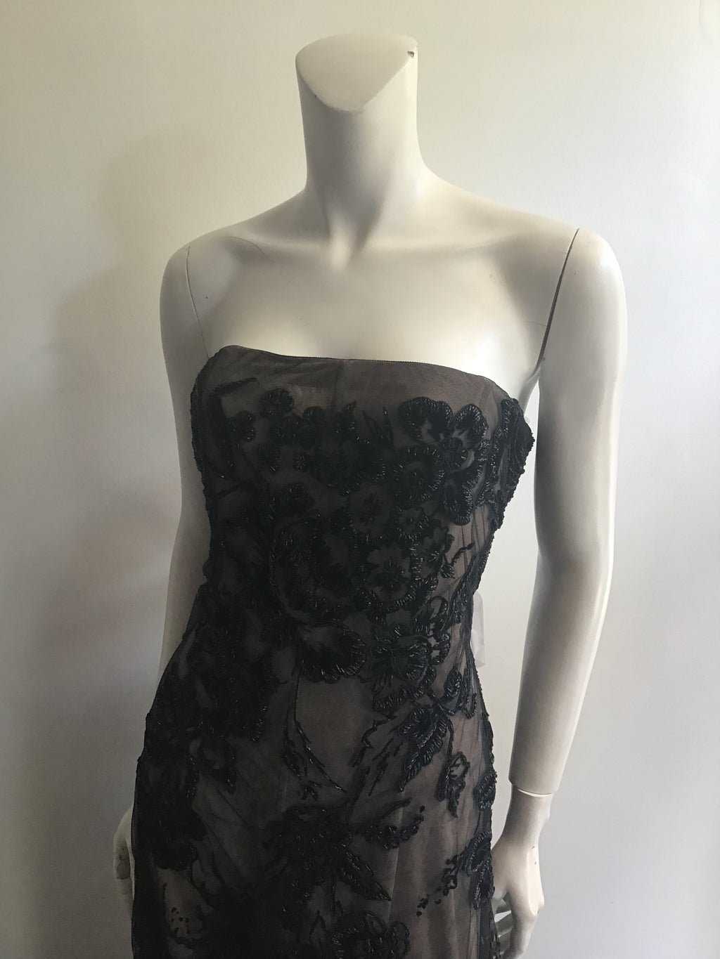 1990s Bagley Mischka Black/beige  Beaded Evening Gown with Train-10/12