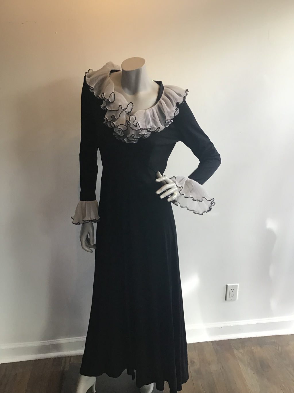1970's Julie Miller Black Maxi Dress with White Ruffles