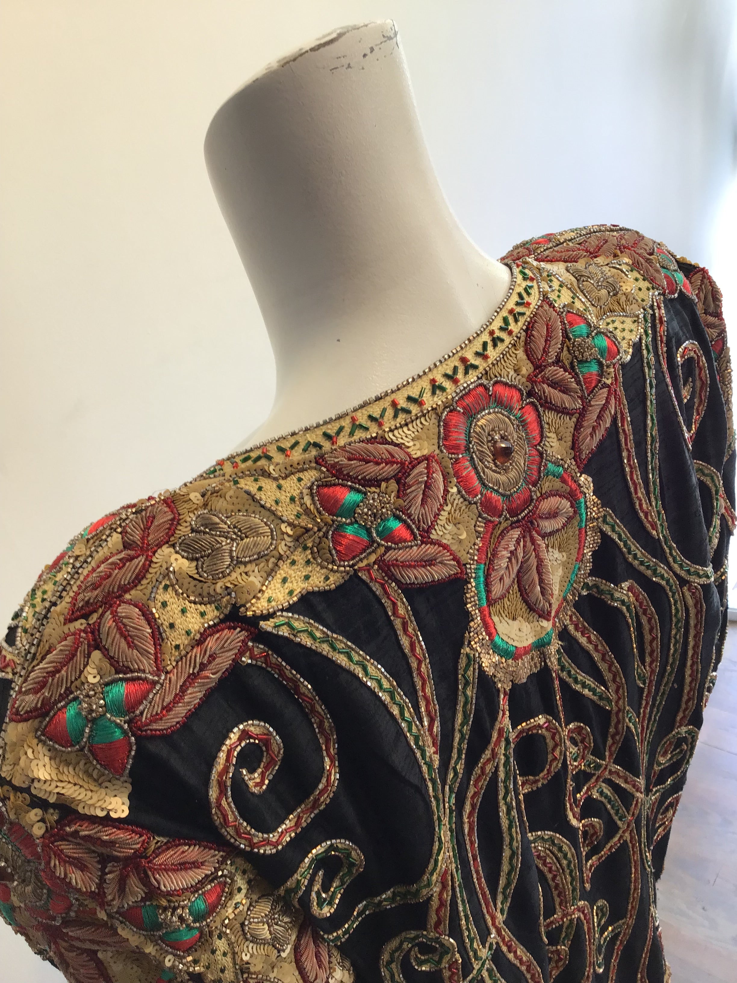 1980’s Black Silk Gold Embroidered and Sequined Evening Jacket Size 8
