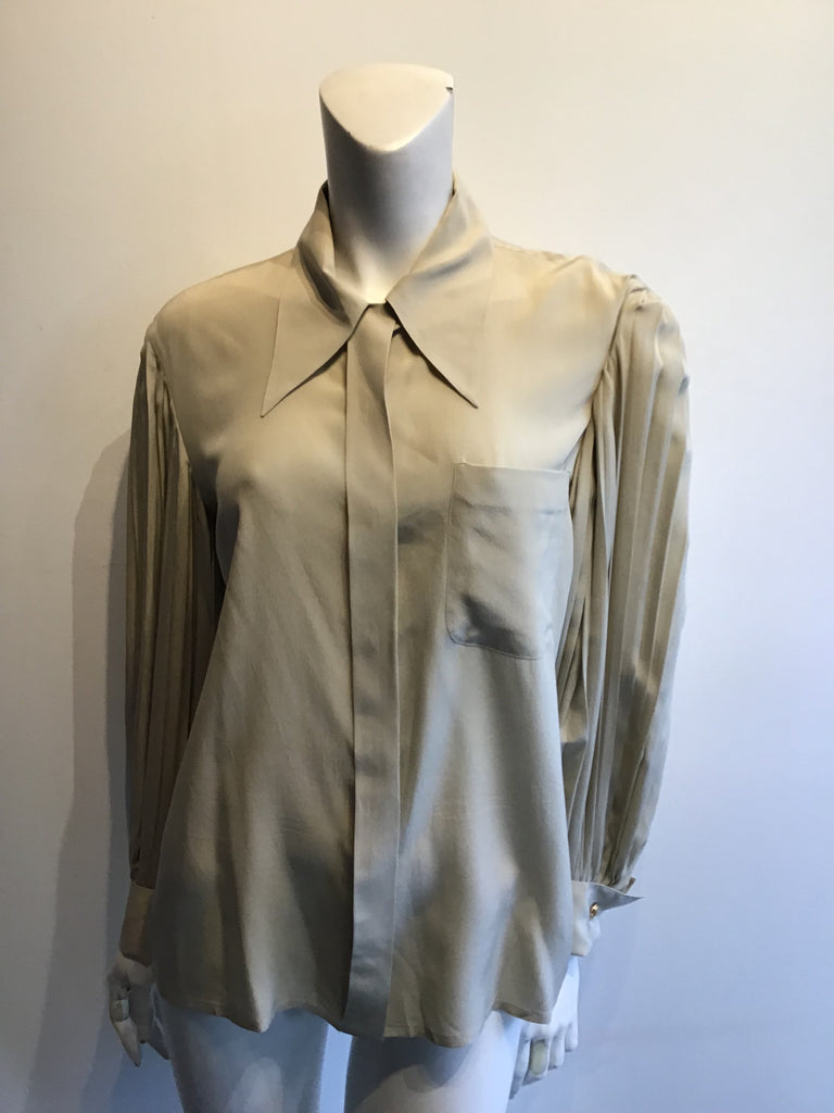 Late 1980s Valentino Taupe Silk Blouse with Pleated Sleeves Size 8