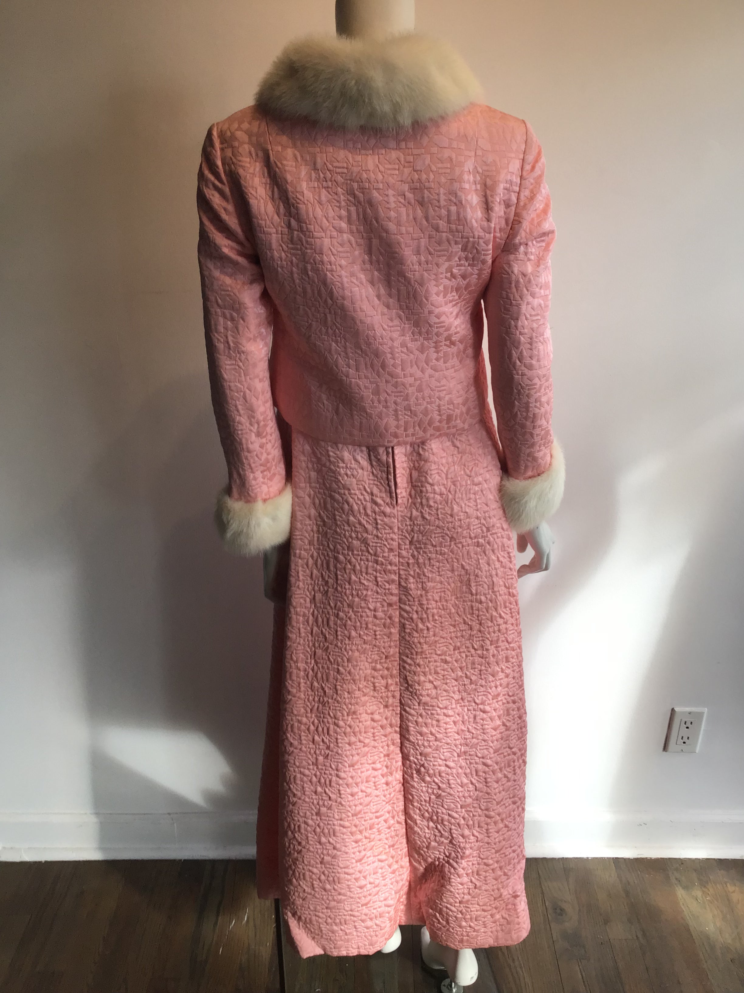 Two Piece 196Malcolm Starr Pink Brocade evening dress with matching jacket with white mink collar and cuffs