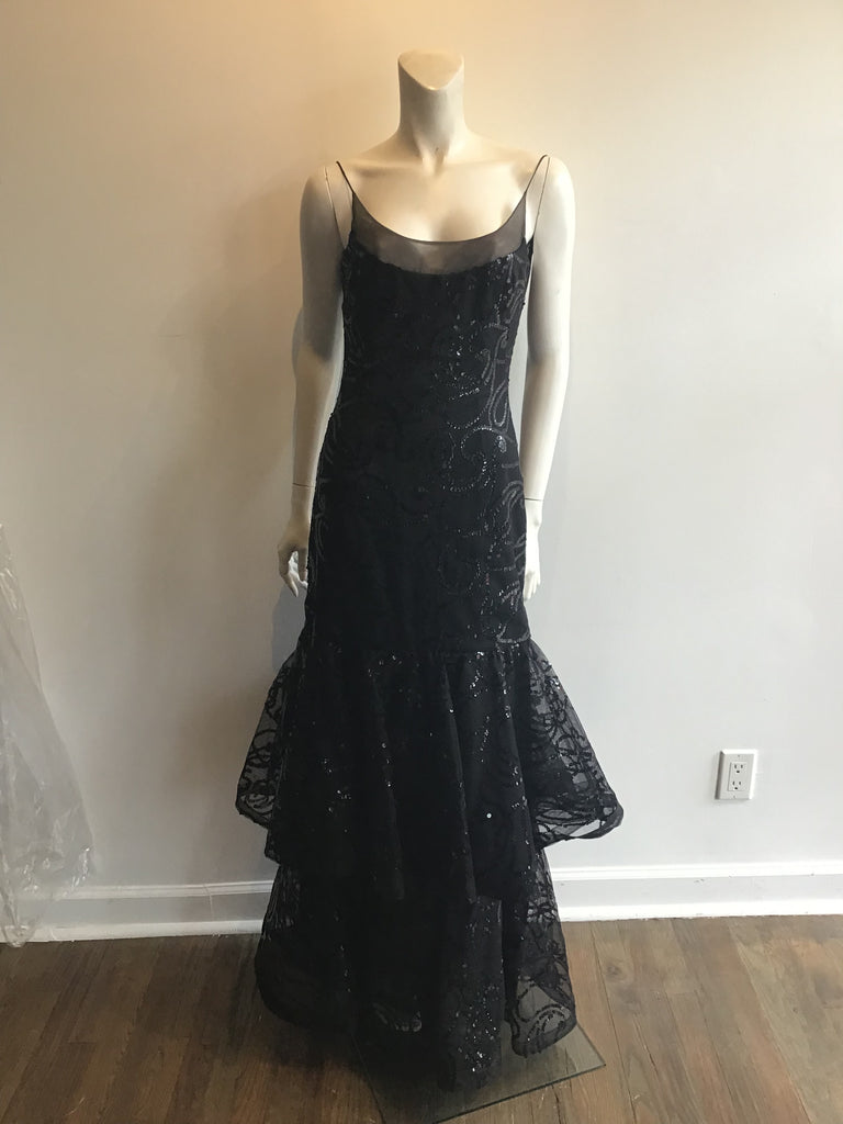 1990 Black Sequinned Scaasi  tiered evening gown unworn with tags