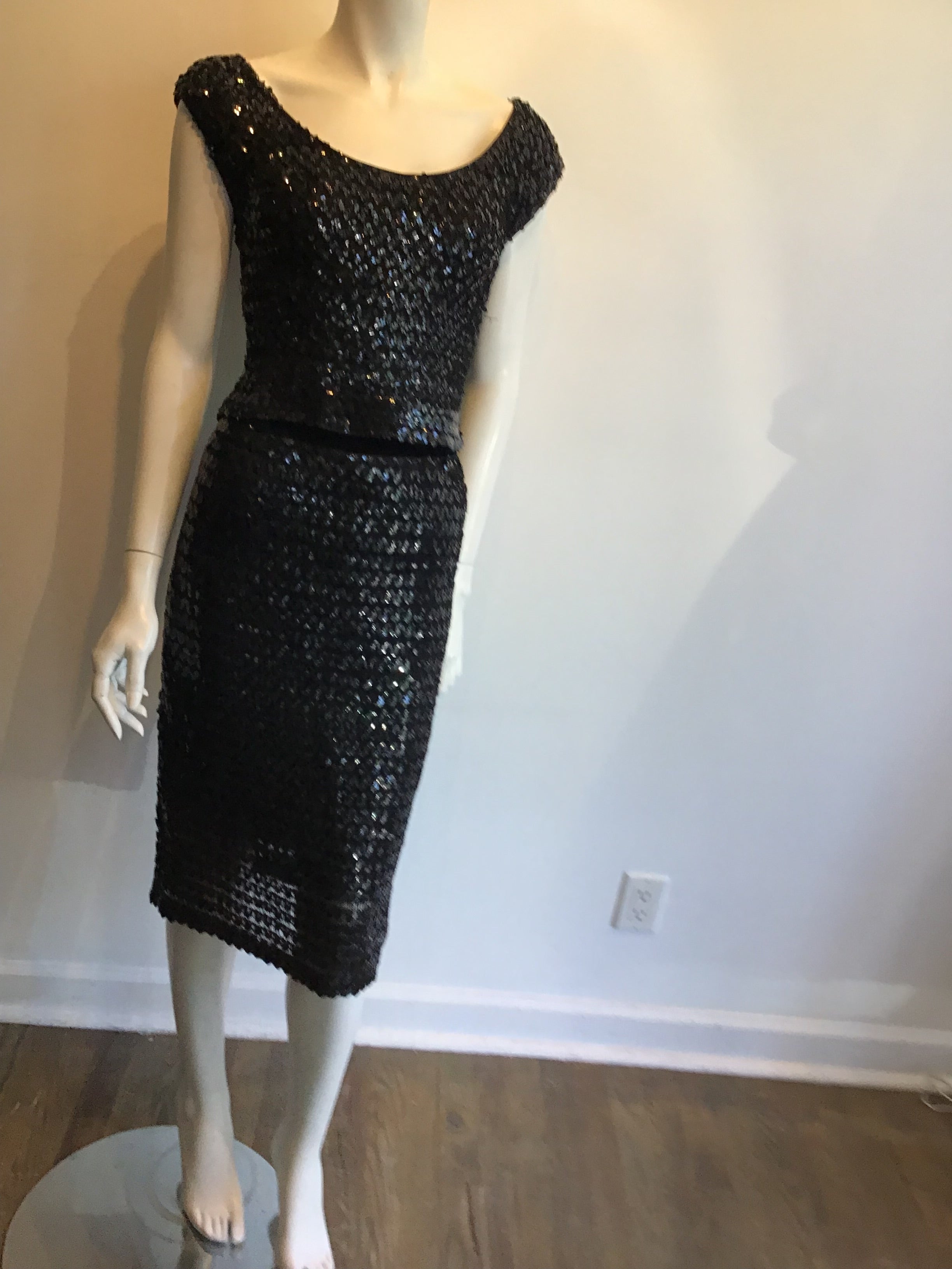 1960’s 2 Piece Black Sequined Evening Ensemble Size 2