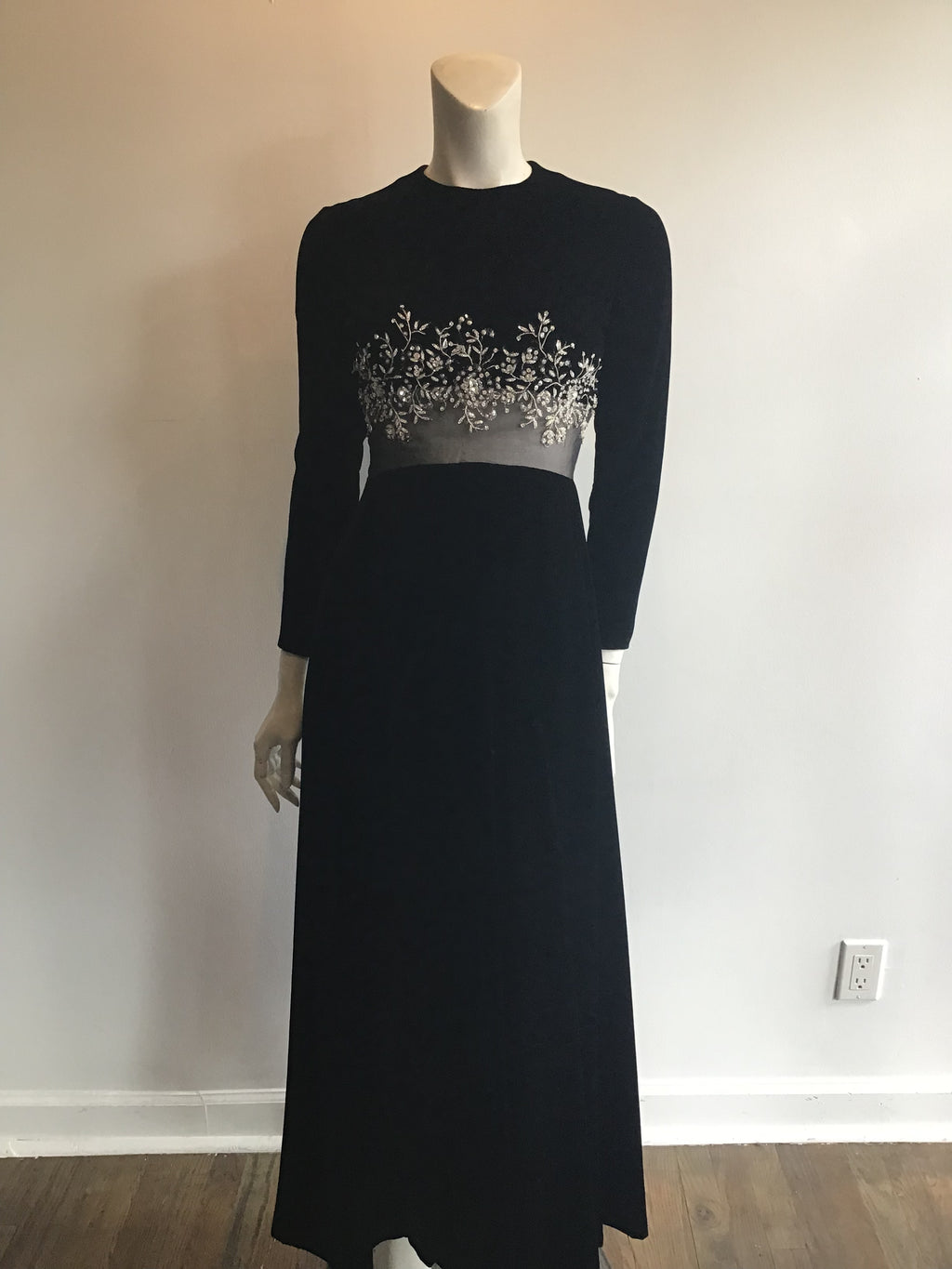 1960's Malcolm Starr Black Silk Velvet Evening Dress with rhinestone and Crystal detailing on bodice illusion waist Size 5/6