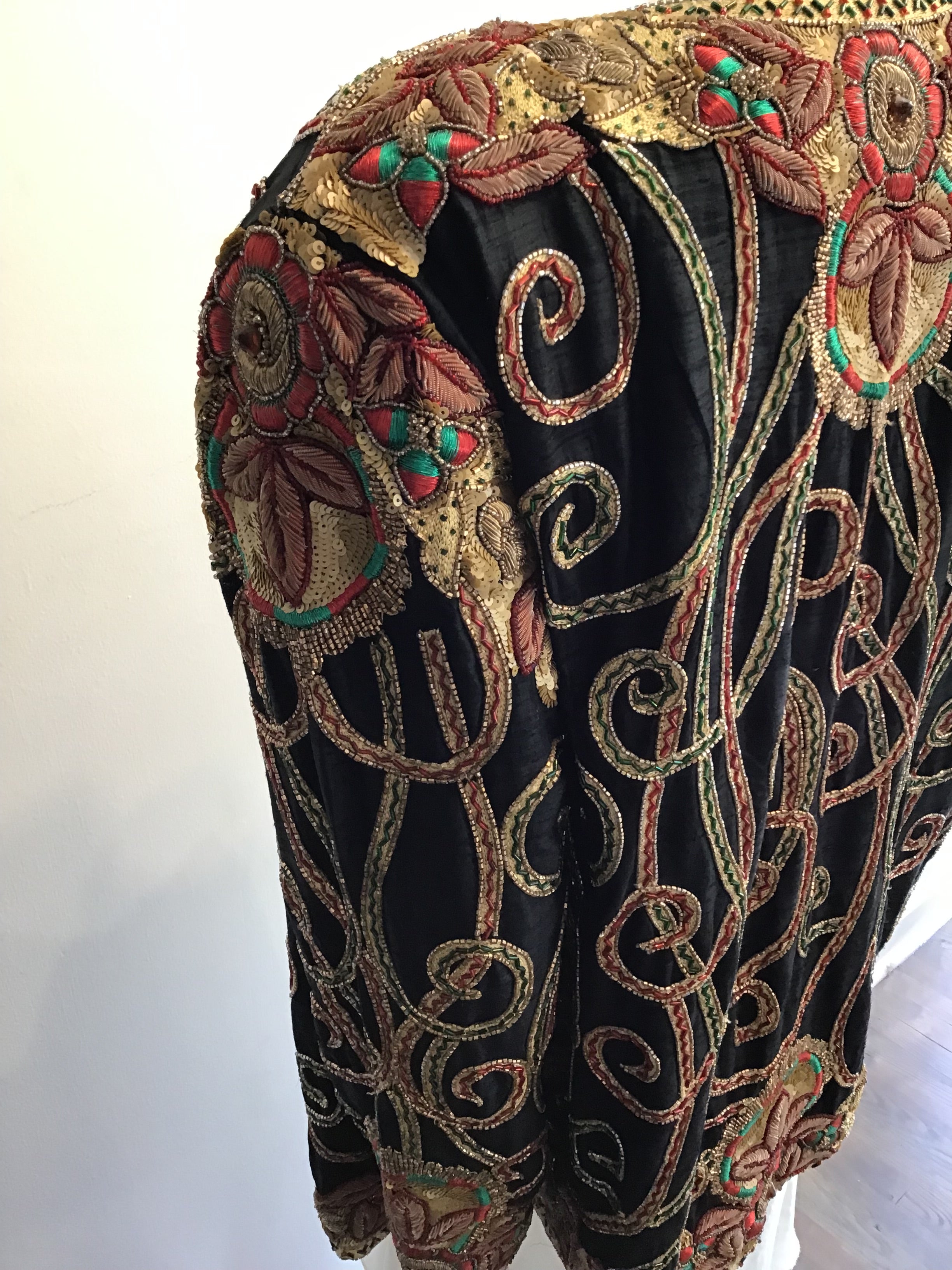 1980’s Black Silk Gold Embroidered and Sequined Evening Jacket Size 8