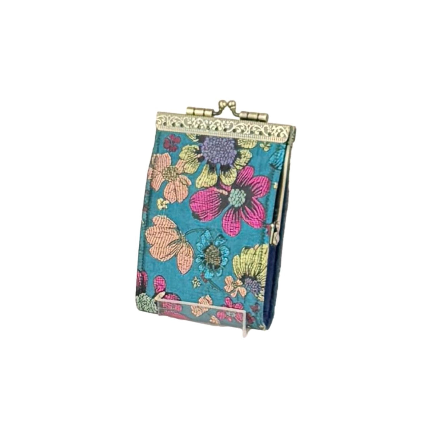 Bamboo Leaves, Teal & Pink Floral Brocade Card Holder with Rfid Protection