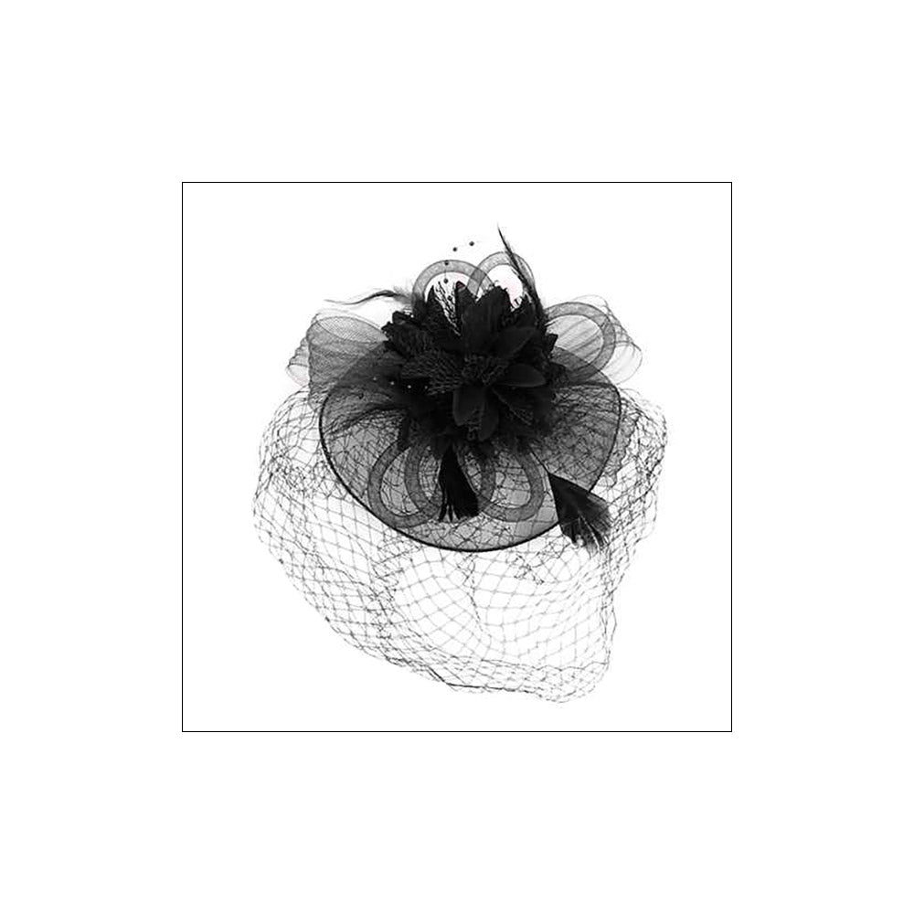 Black Bow Flower Feather Mesh Fascinator and Headband front image
