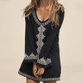 Black Embroidered Long Sleeves Boho Tunic Dress