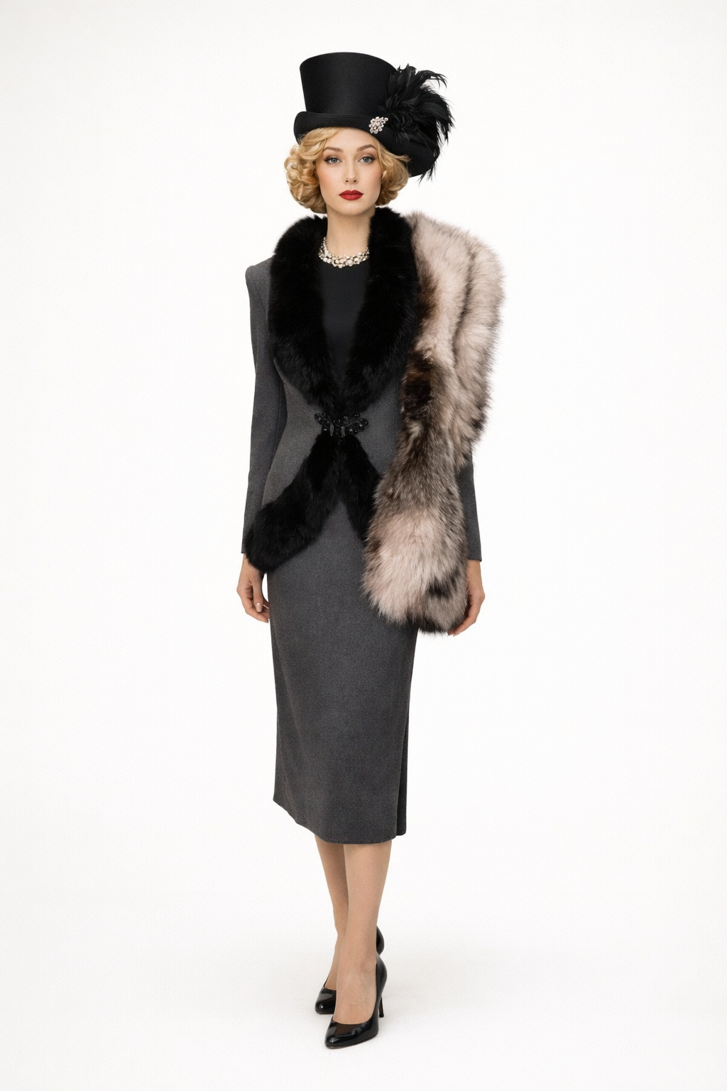 Black Fox Trim Suit 1940's Women's Costume Rental