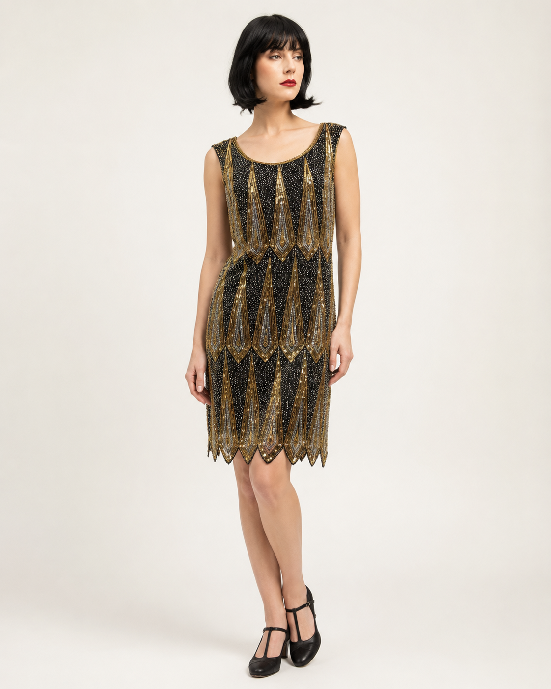 Black & Gold Beaded Flapper Dress, 1920'd Women's Rental