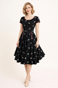 Black Printed 1950's Day Dress, 1950's Women's Costume Rental