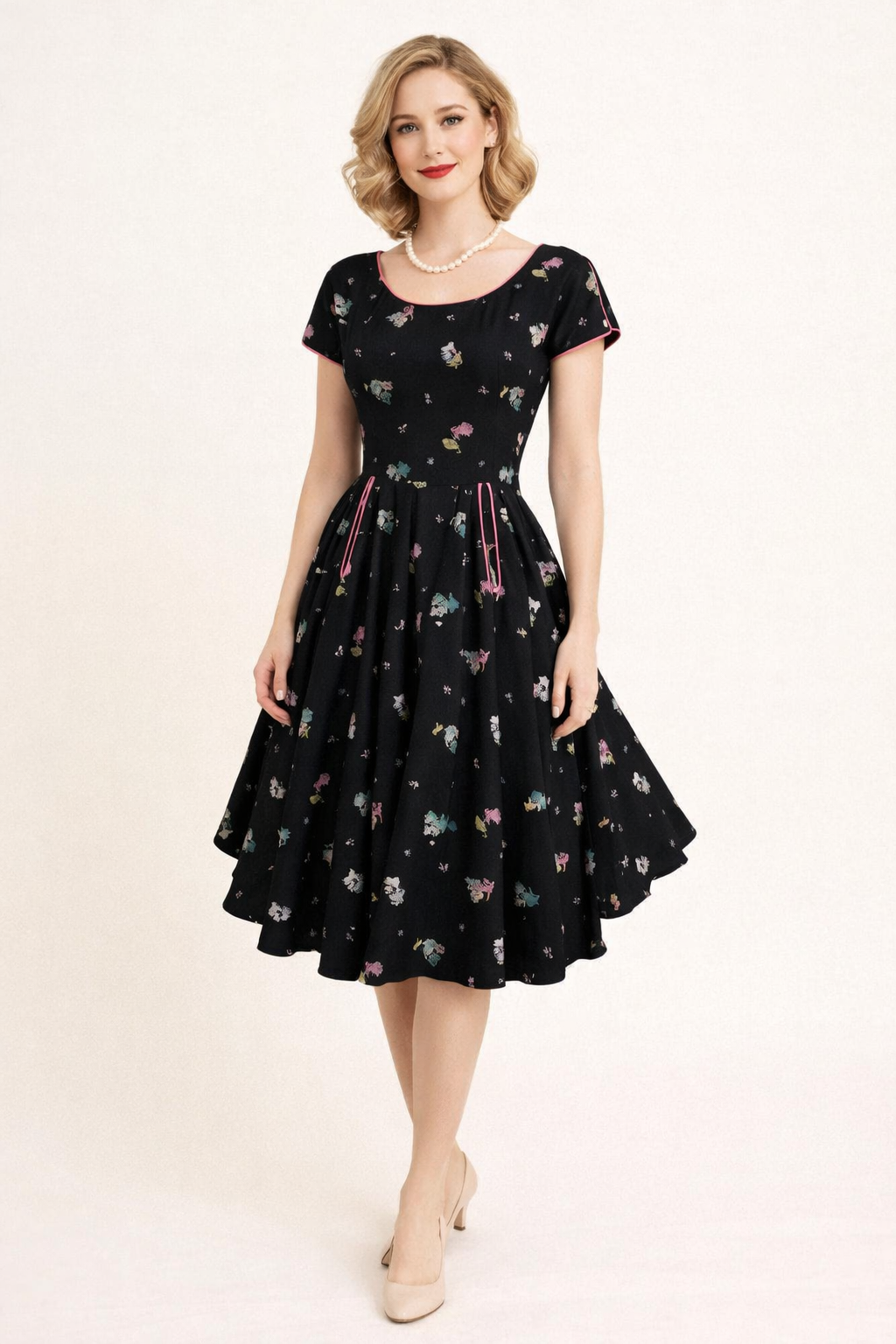 Black Printed 1950's Day Dress, 1950's Women's Costume Rental