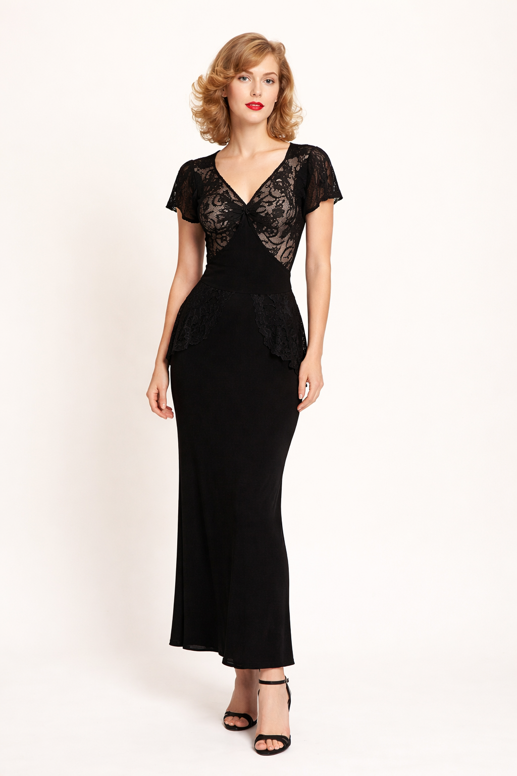 Black Rayon Crepe & Lace Dress 1940's Women's Costume Rental