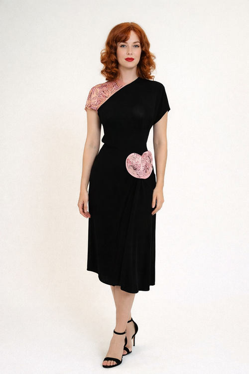 Black & Pink Cocktail Dress 1940's Women's Costume Rental 7 Days / Small to Medium / Black