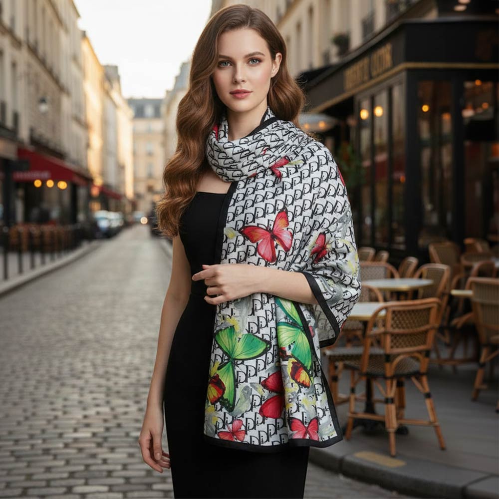 Blue Butterfly Pattern Printed Oblong Silky Satin Scarf Shawl