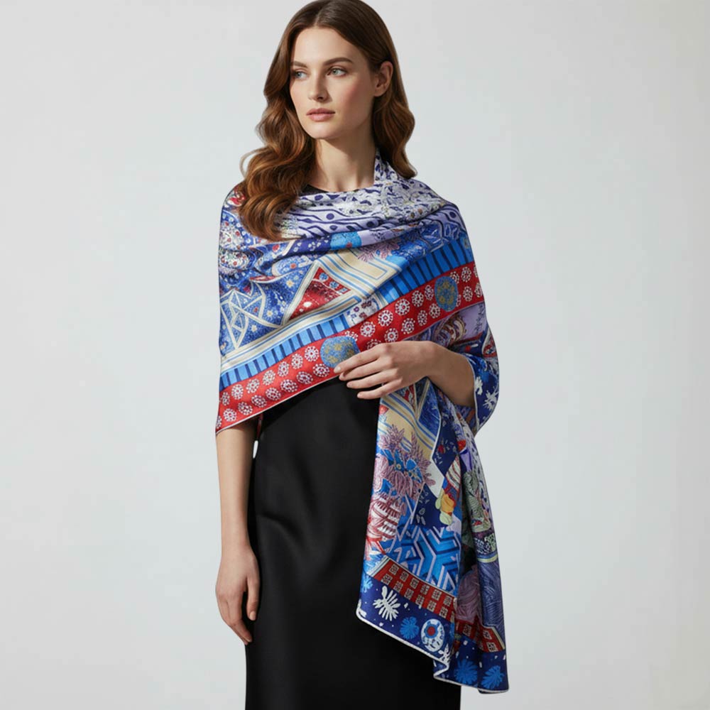 Blue Ornate Elephant Motif Printed Oblong Silky Satin Scarf Shawl