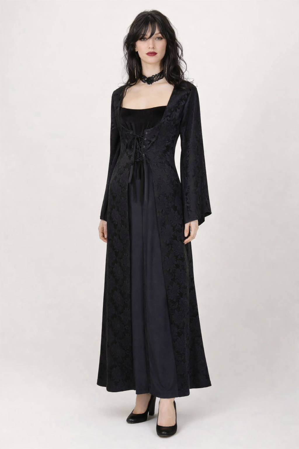 Brocade Midnight Madame Costume Black Velvet Dress - Women's Horror Rental