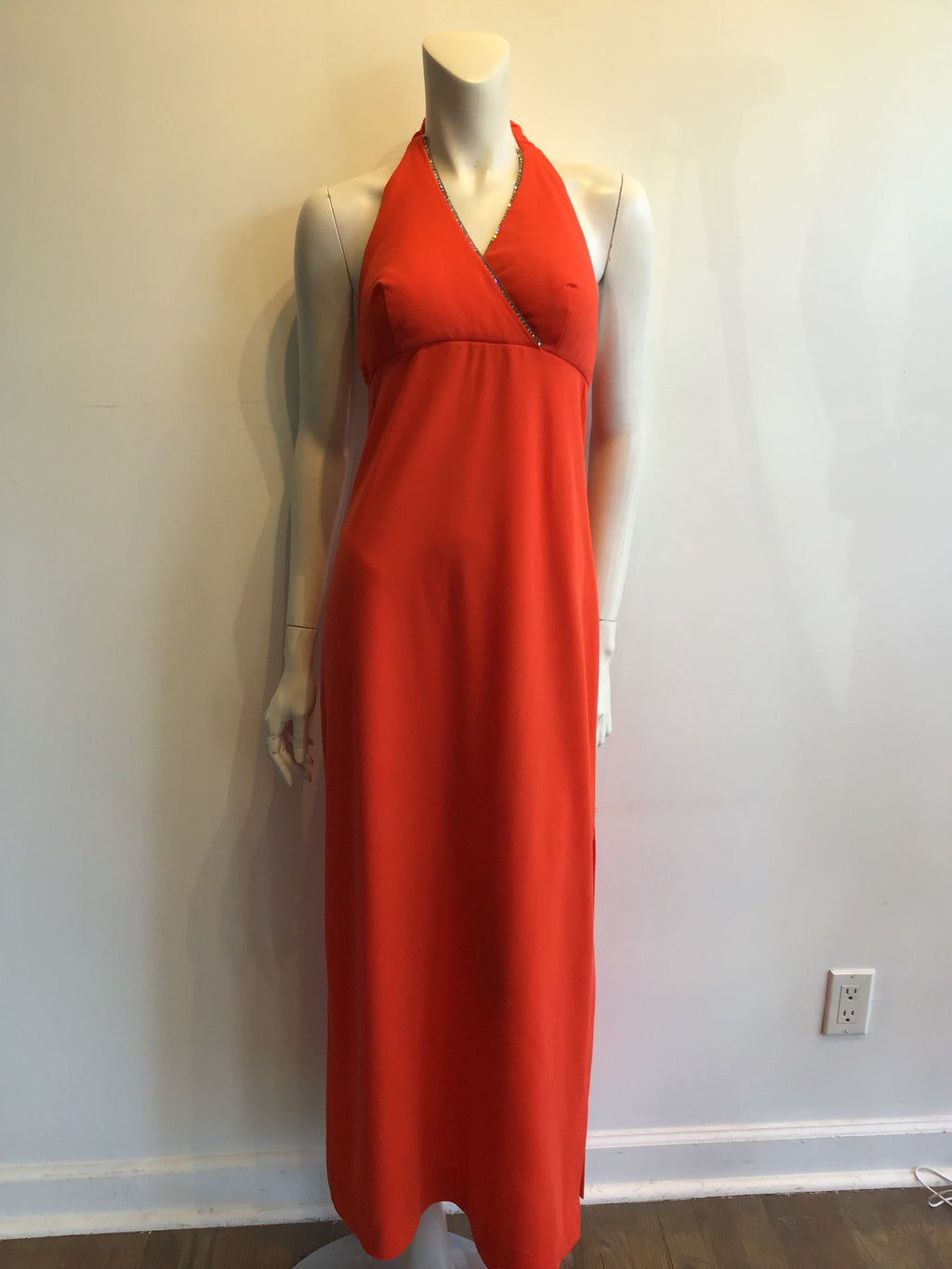 1970s  Jack Harley Polyester Halter Dress with Rhinestone trim Size 6