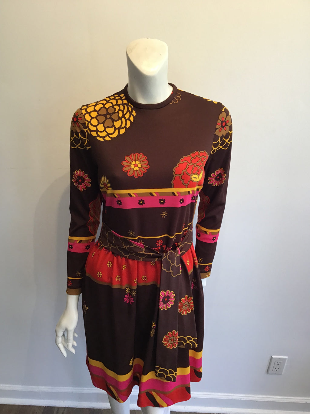 1970s Artemis Polyester Blend Brown Multicolor Dress Size 10