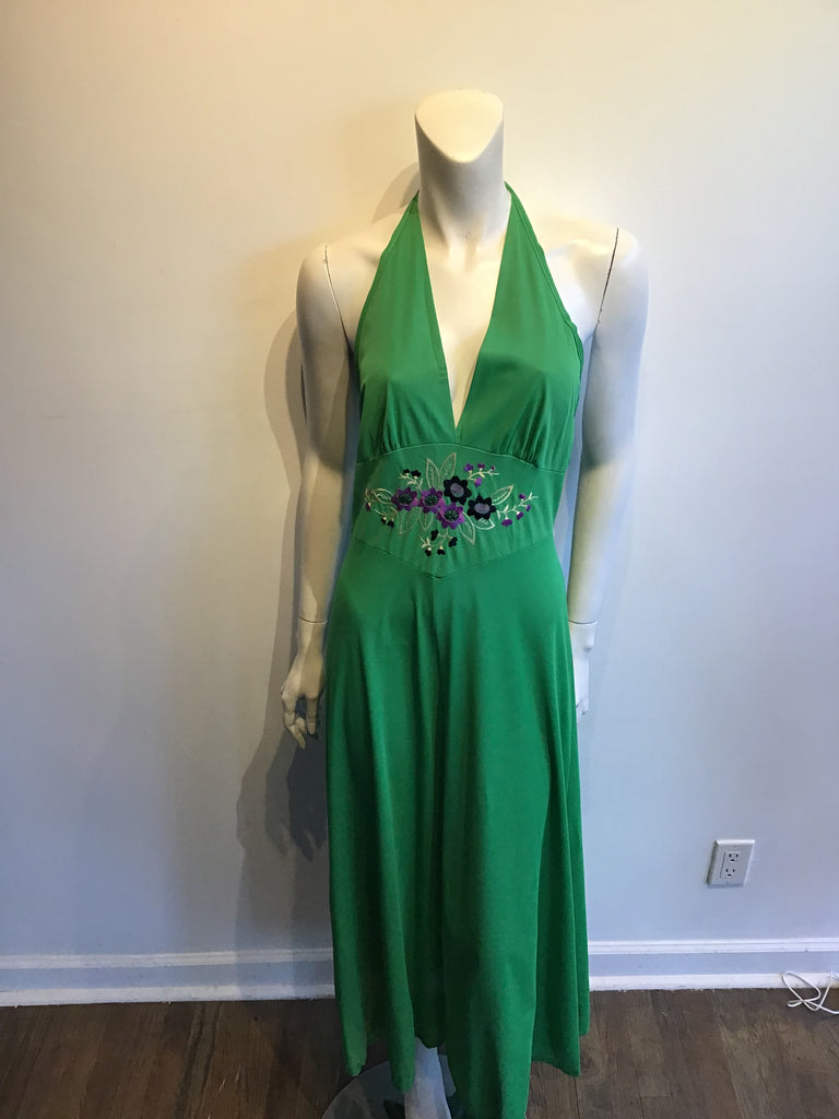 1970’s Green Polyester Dress with embroidery Size 4