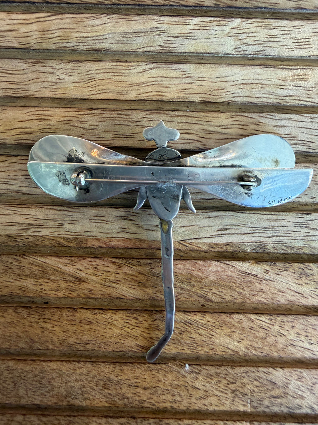 Vintage 1970s Dragonfly Sterling Pin / Brooch with faux opal stone