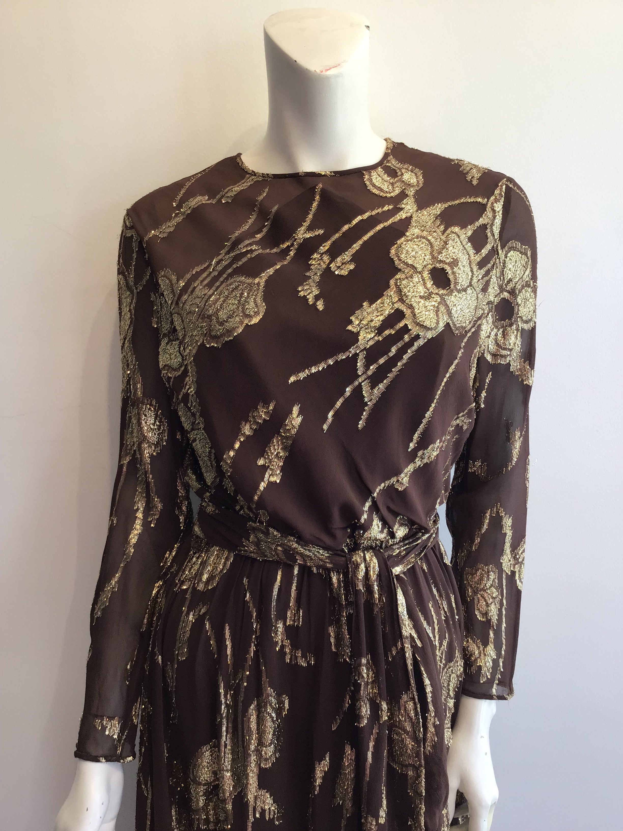 1970’s Brown and Gold Silk Blend Evening Gown Size 8