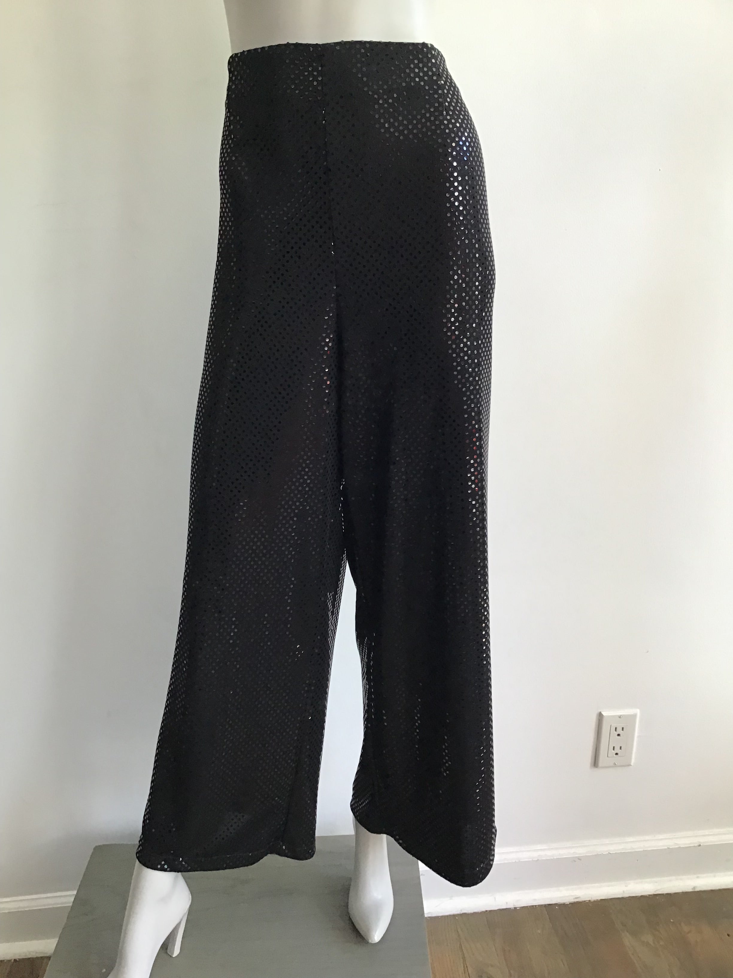 1990s Black Sequined Palazzo Pants by Deanna Cushing Palm Beach Size 14