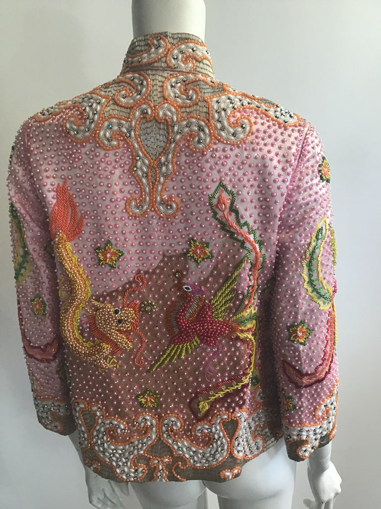 1960s Rare Chinese Pink Silk Handbeaded Jacket with Dragon and Phoenix -size 4/5