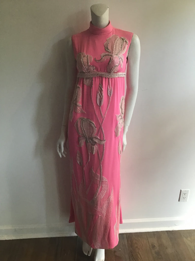 bright pink silk 1960s gown with crystal beaded iris flowers attributed to George Halley
