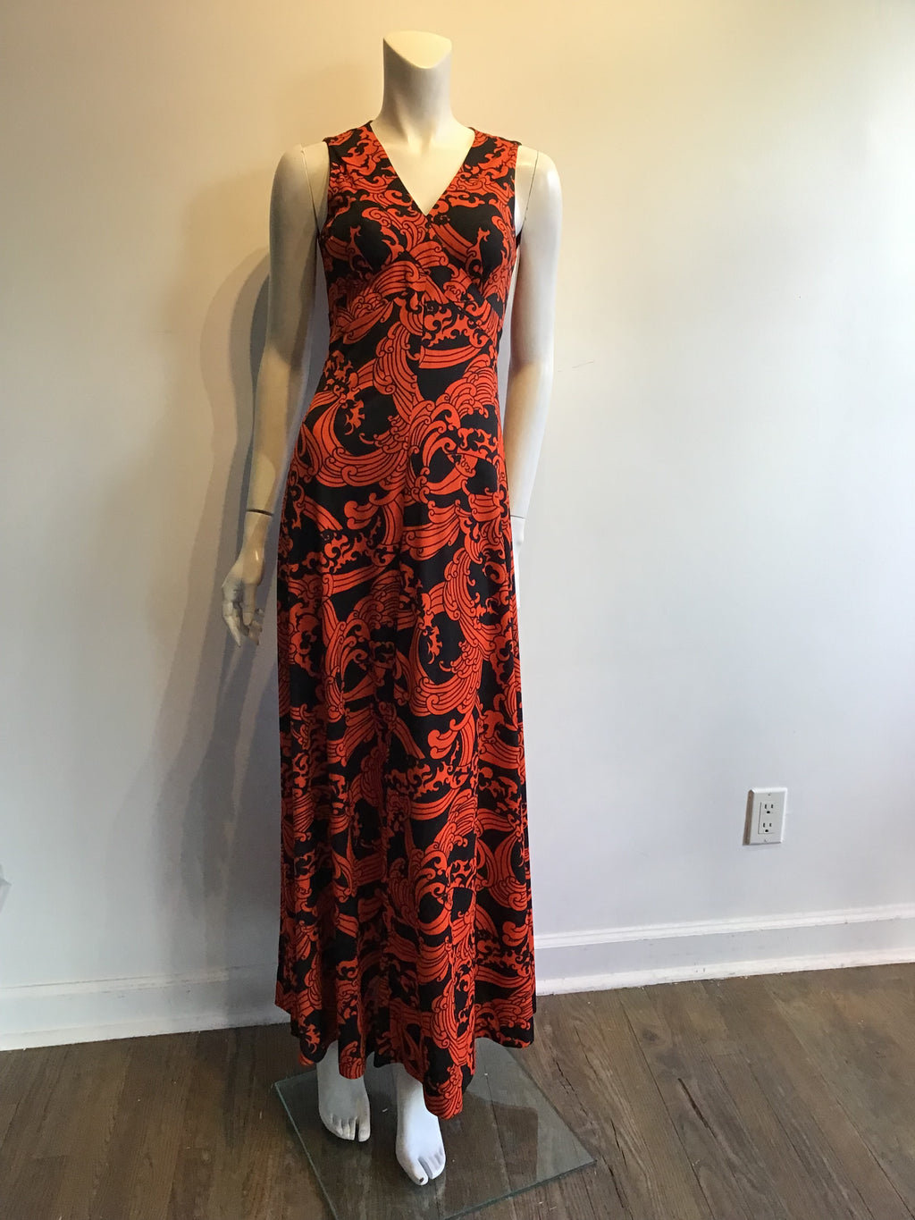 1970’s Orange and Black Printed Polyester Maxi Dress Size 6
