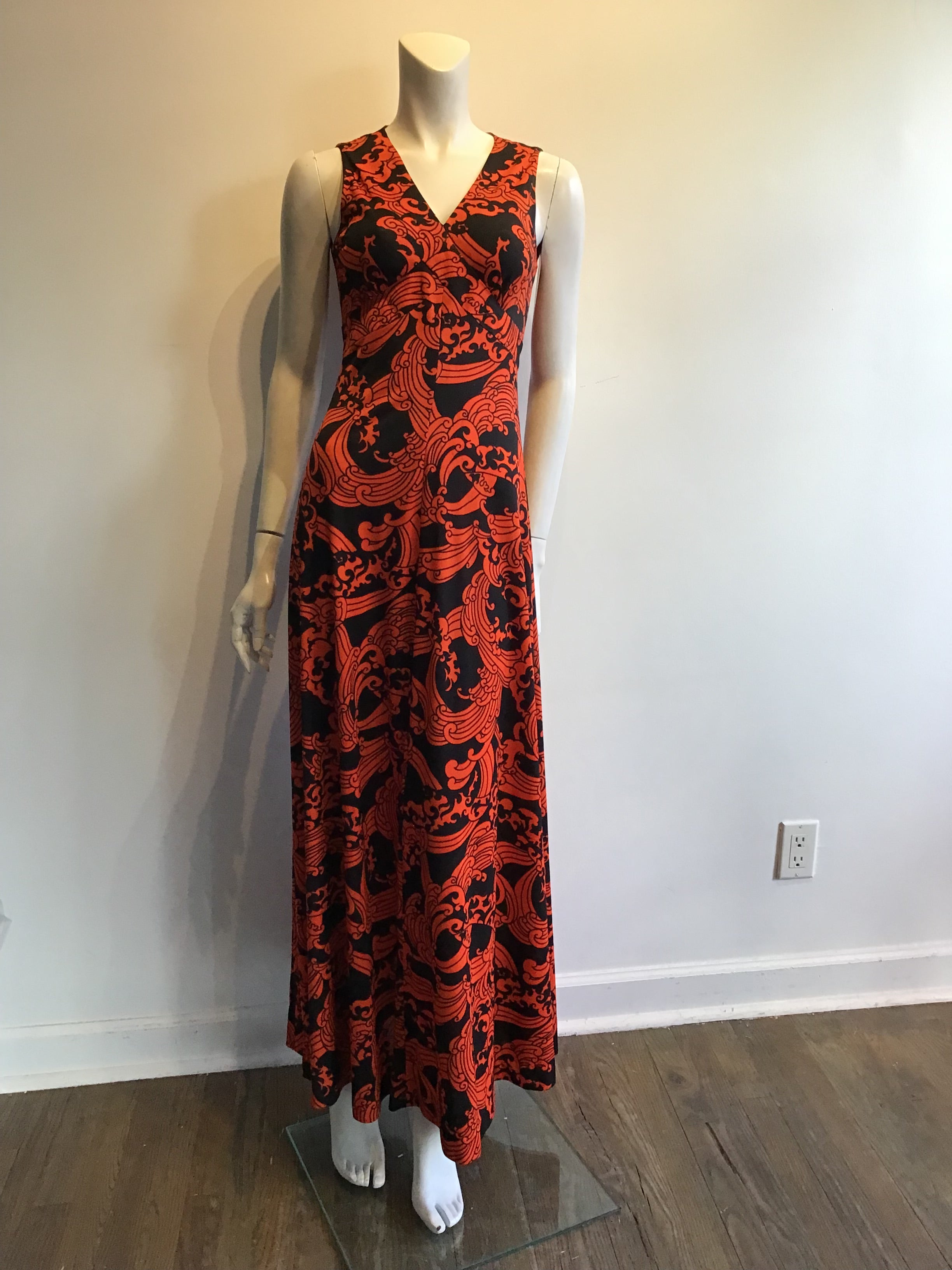 1970’s Orange and Black Printed Polyester Maxi Dress Size 6