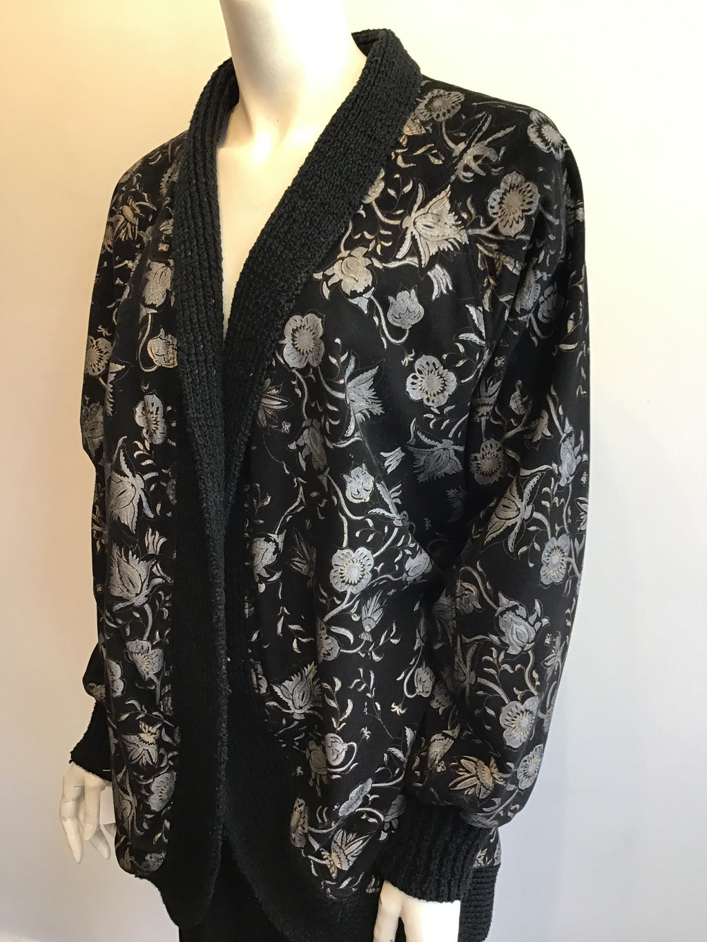 1980’s Opulent Hand Stenciled Black Cocoon Coat Size 10