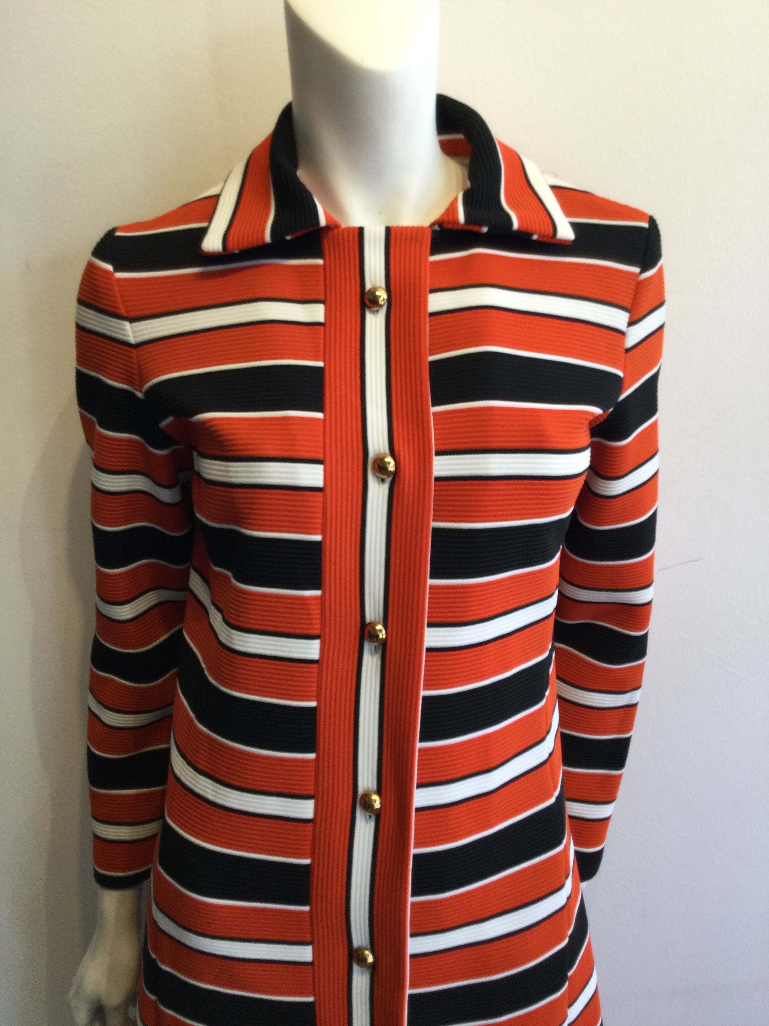 1970’s Orange/Black and white Polyester Striped Spring Coat Size 8