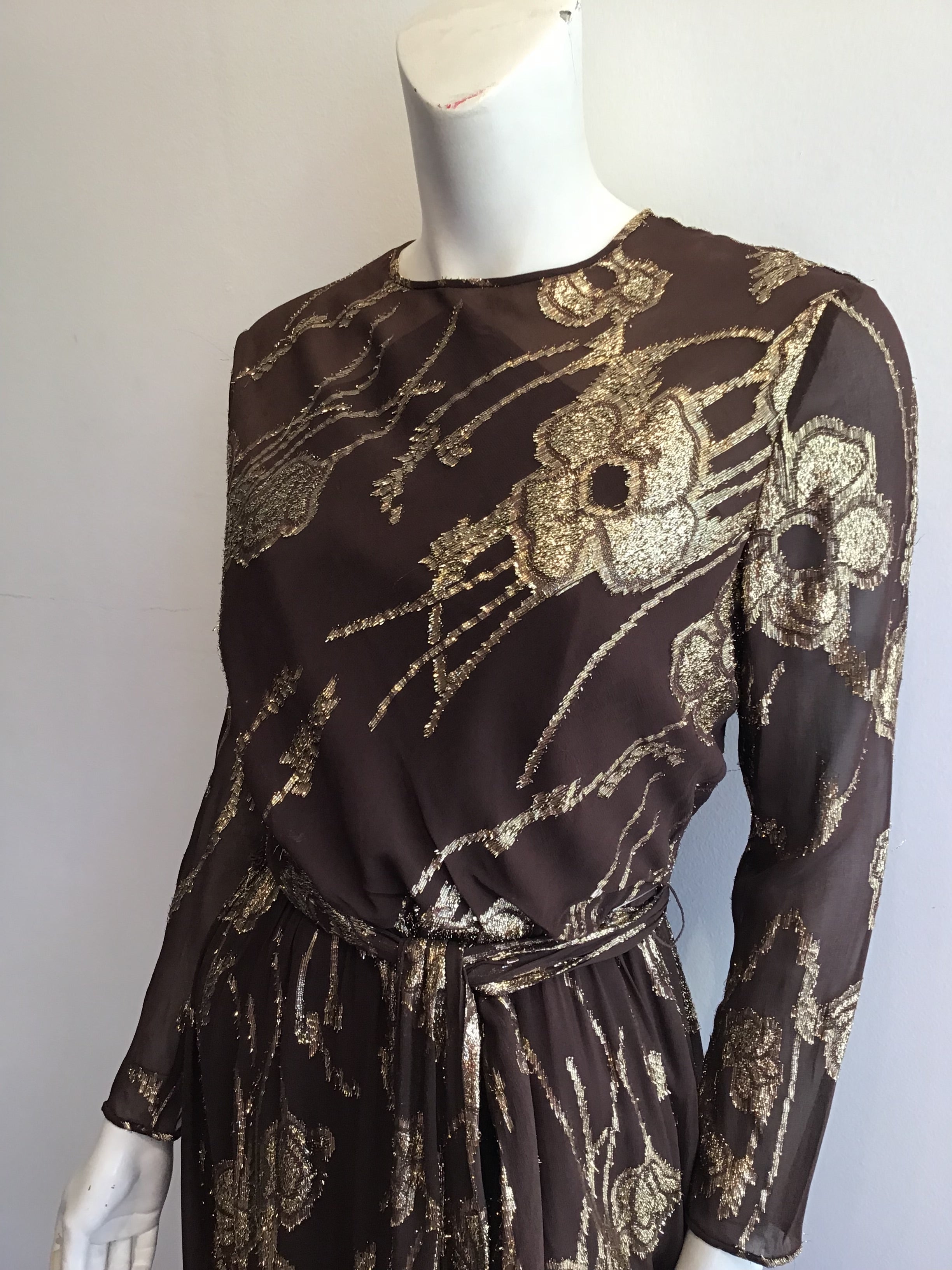 1970’s Brown and Gold Silk Blend Evening Gown Size 8