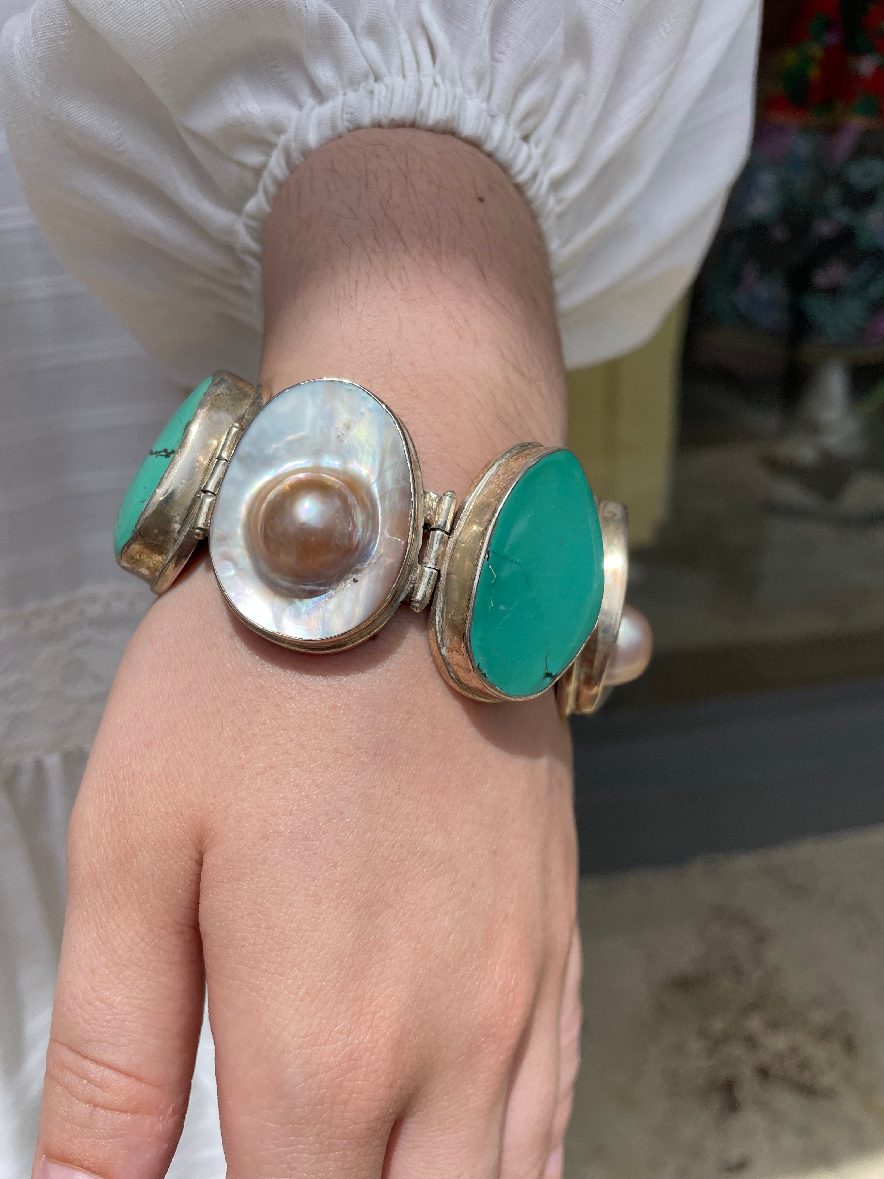 Turquoise,sterling  and Mabe pearl Bracelet