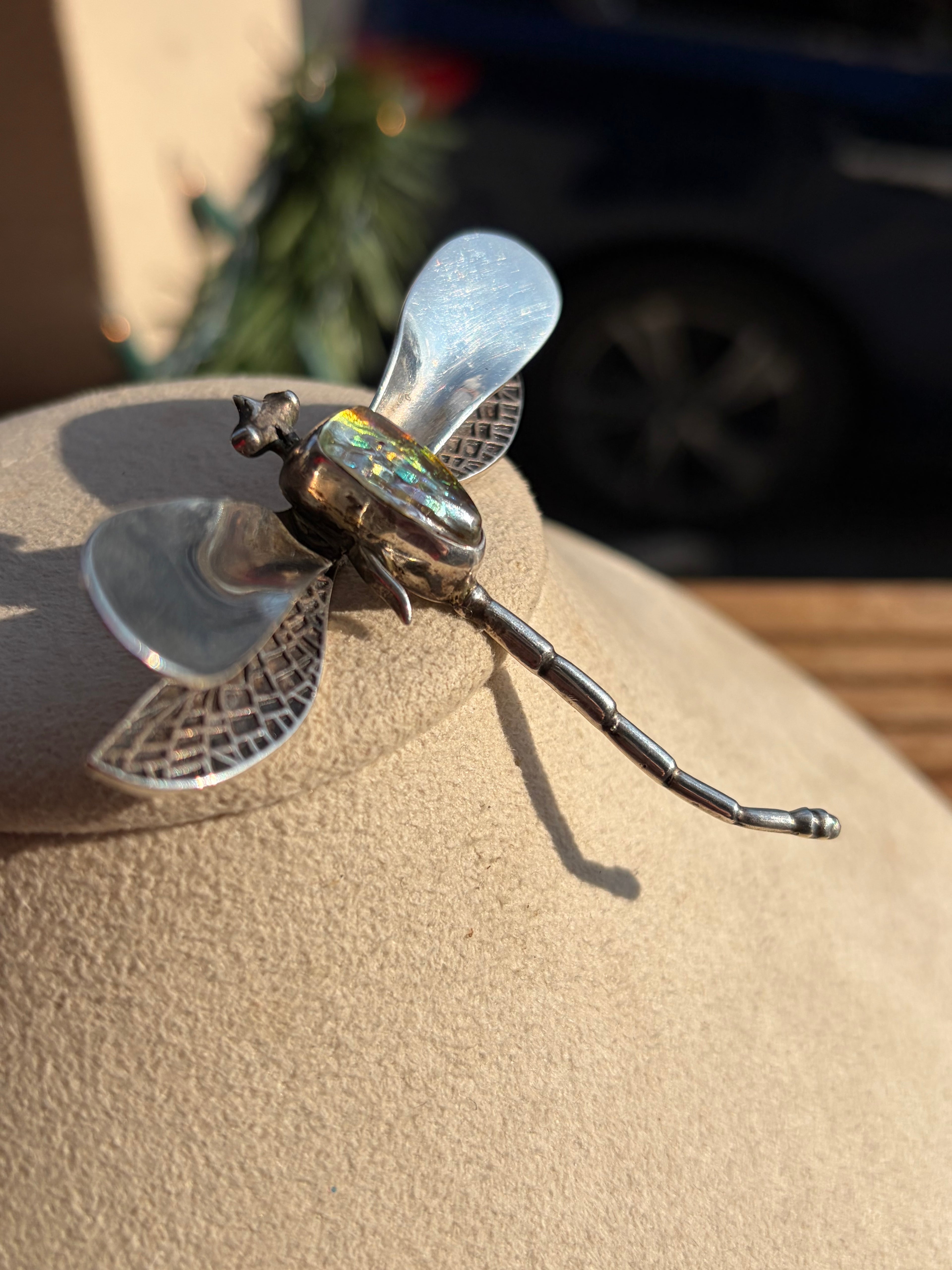 Vintage 1970s Dragonfly Sterling Pin / Brooch with faux opal stone