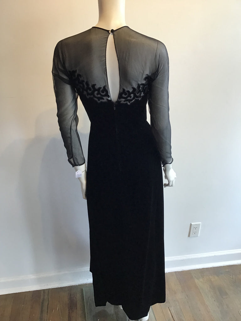 1980s Black Silk and Chiffon Oscar de La Renta Evening Gown Size 6