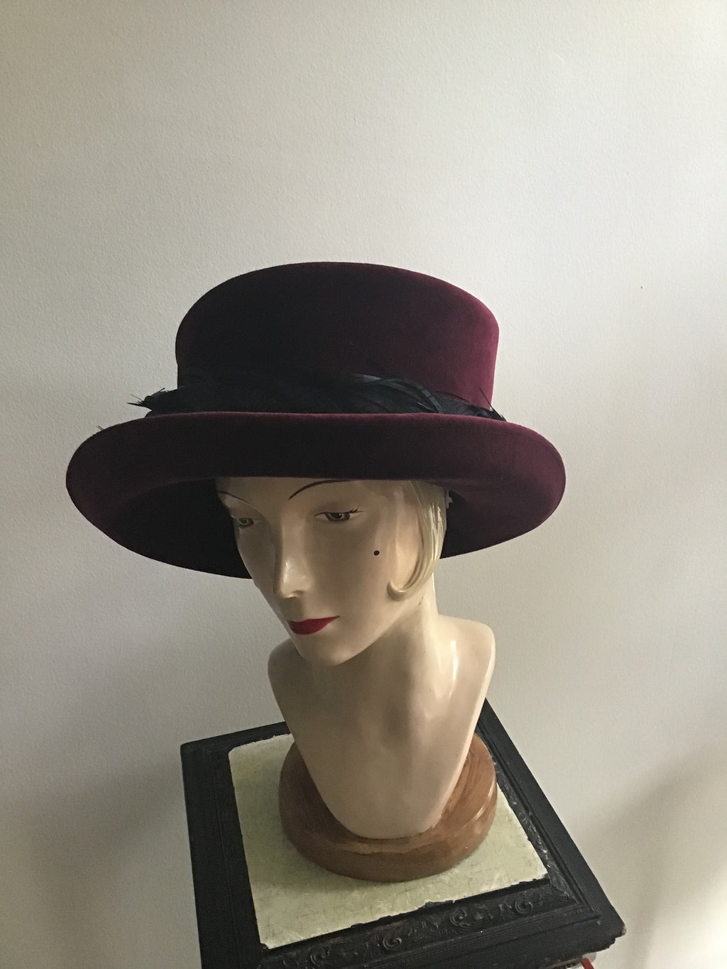 2000s Phillip Treacy Cranberry Velvet Hat with Feather