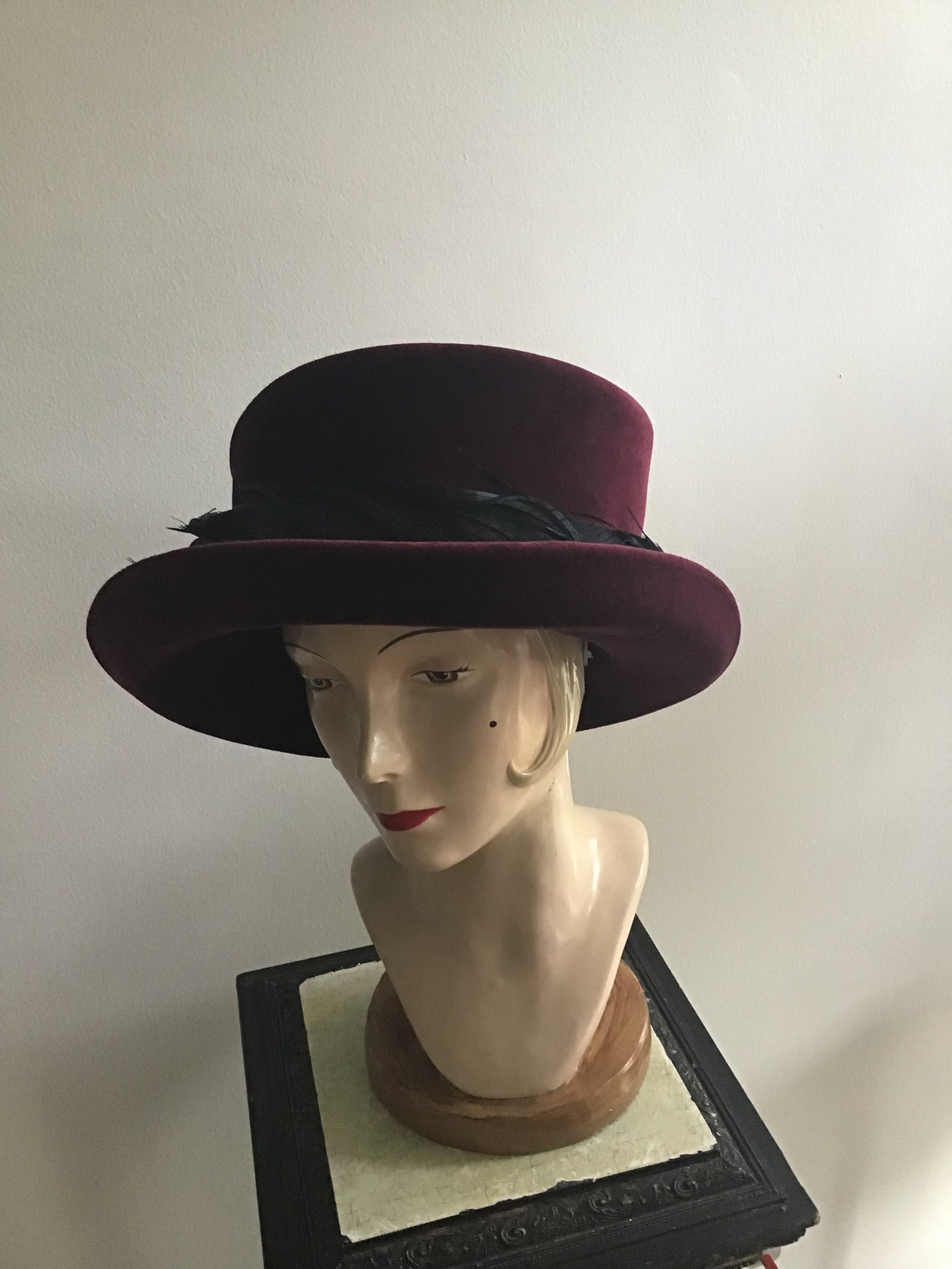 2000s Phillip Treacy Cranberry Velvet Hat with Feather