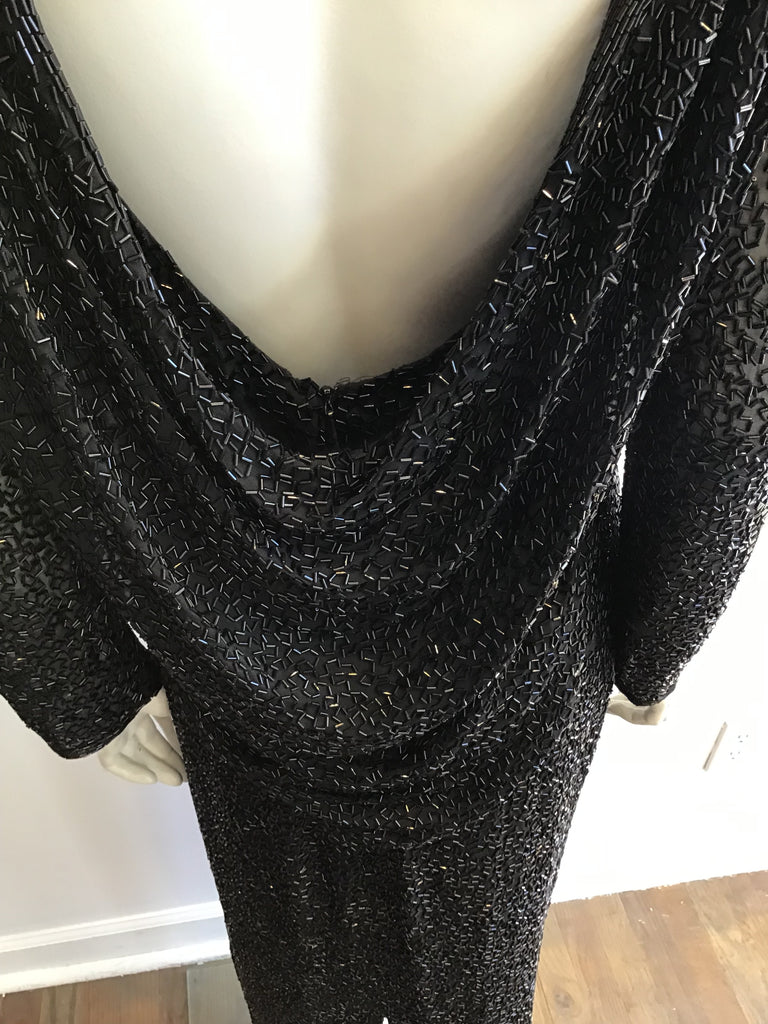 1980’s Oleg Cassini Black Beaded Silk/Rayon Evening Dress Size 10
