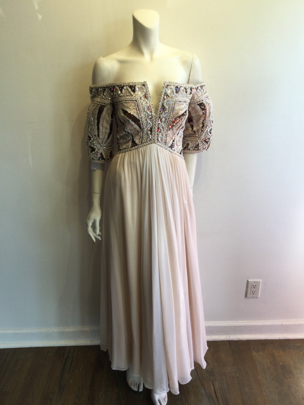 1980’s Bob Mackie Blush Chiffon Beaded Top Evening Gown
