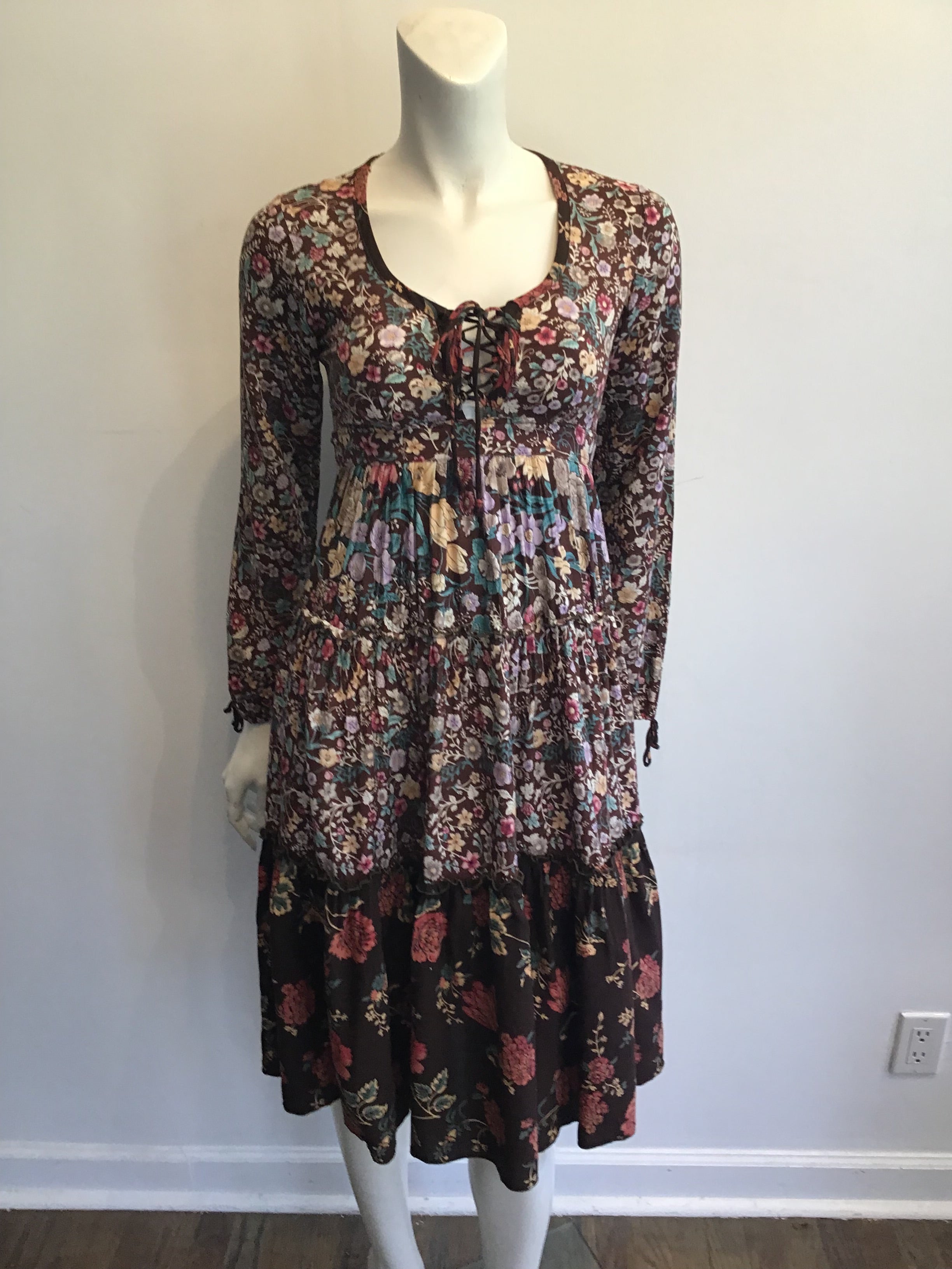 1970s Brown Floral Cotton Dress Size 4