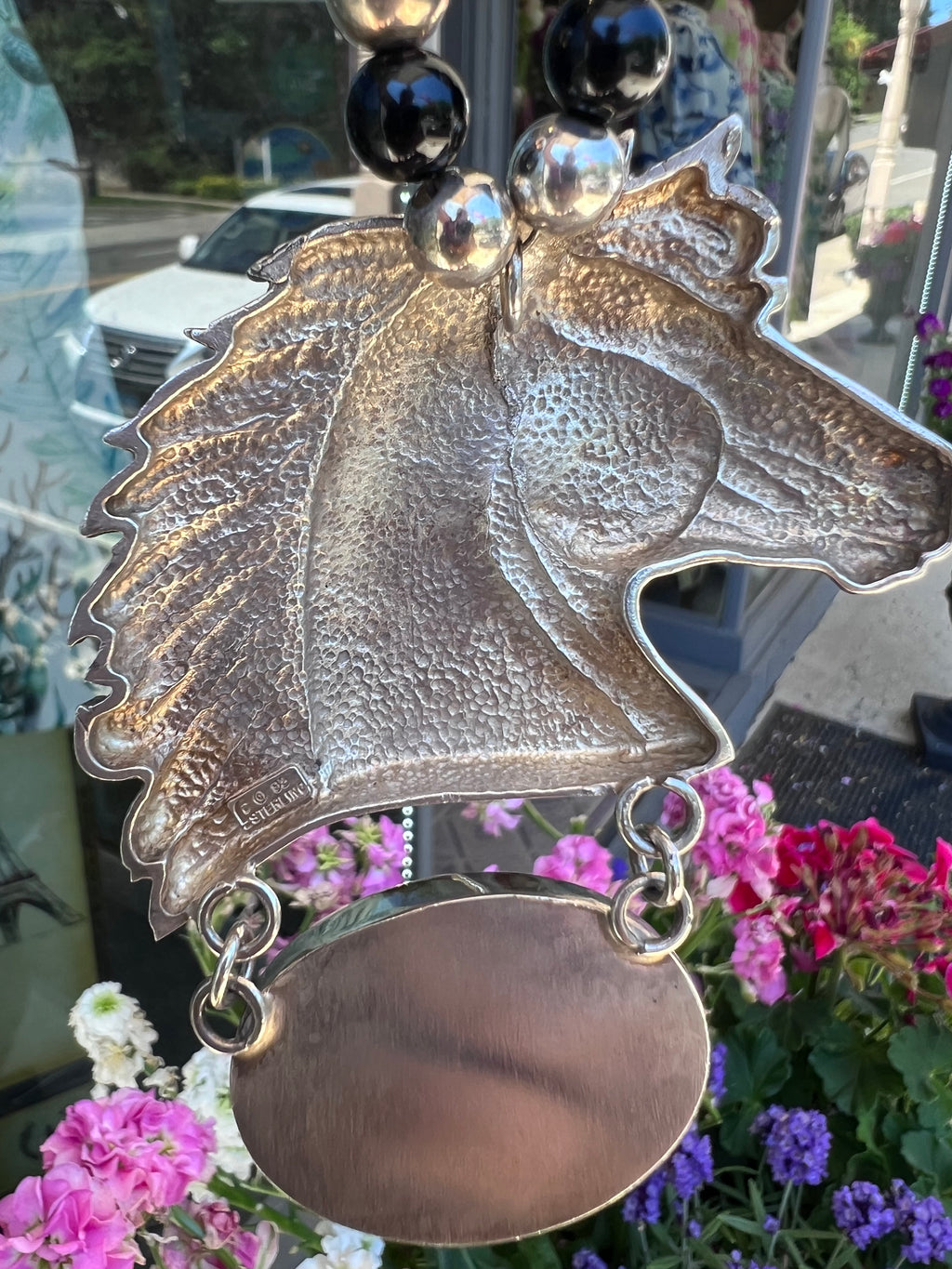 Vintage 80s Sterling & Onyx Horsehead Necklace