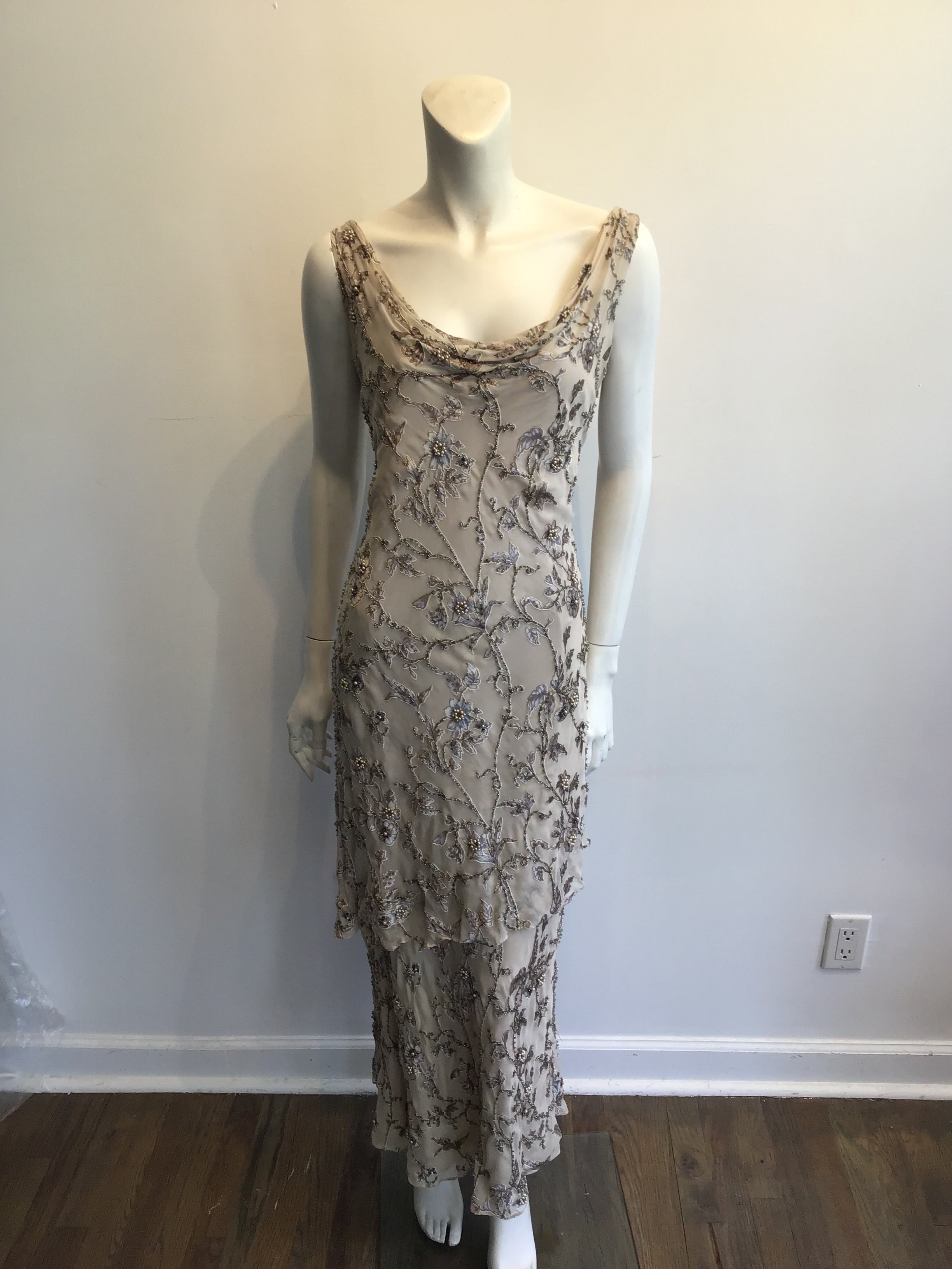 1990s Victoria Royal Taupe Silk Evening Gown Size 16