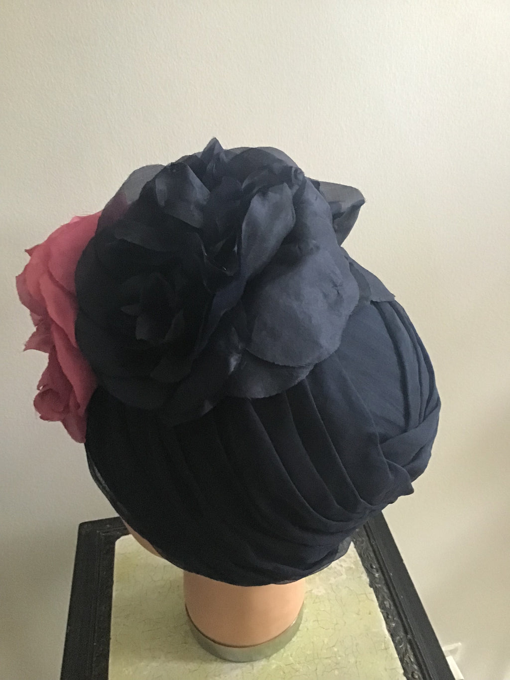 1960s Christian Dior New York ,Turban with Raspberry/blk  silk Flowers